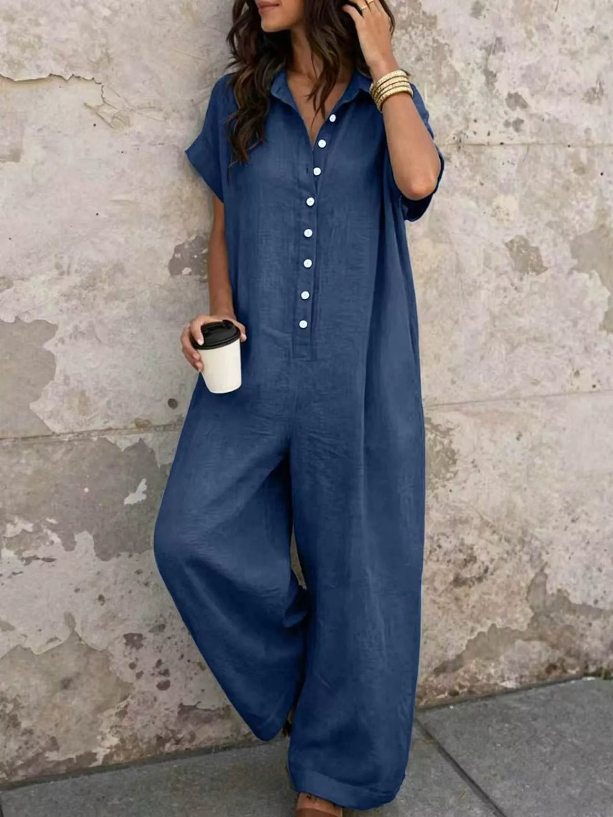 Blue button-front jumpsuit, front view