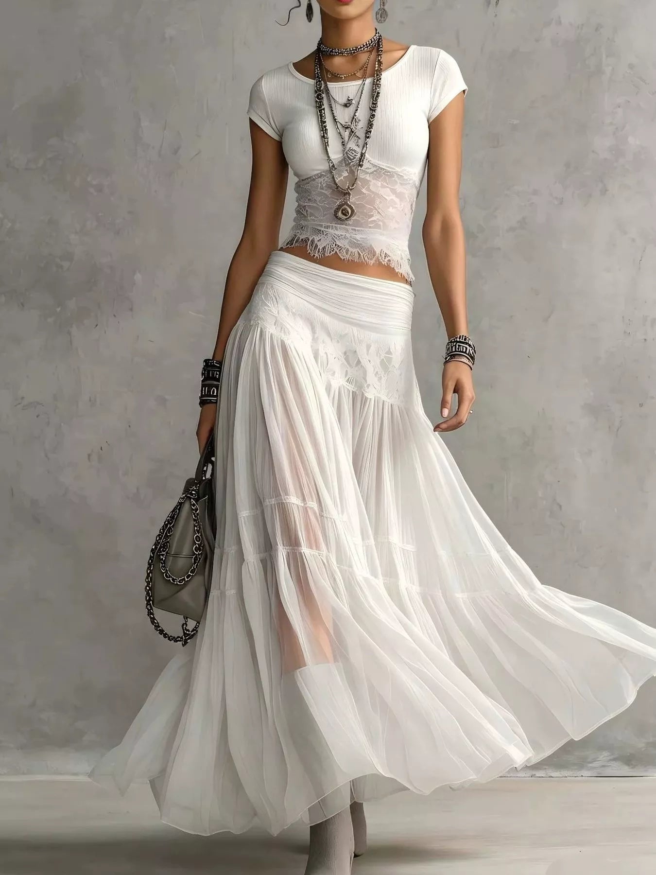 Trendsi Lace Slim Fit Top and Maxi Skirt Set -