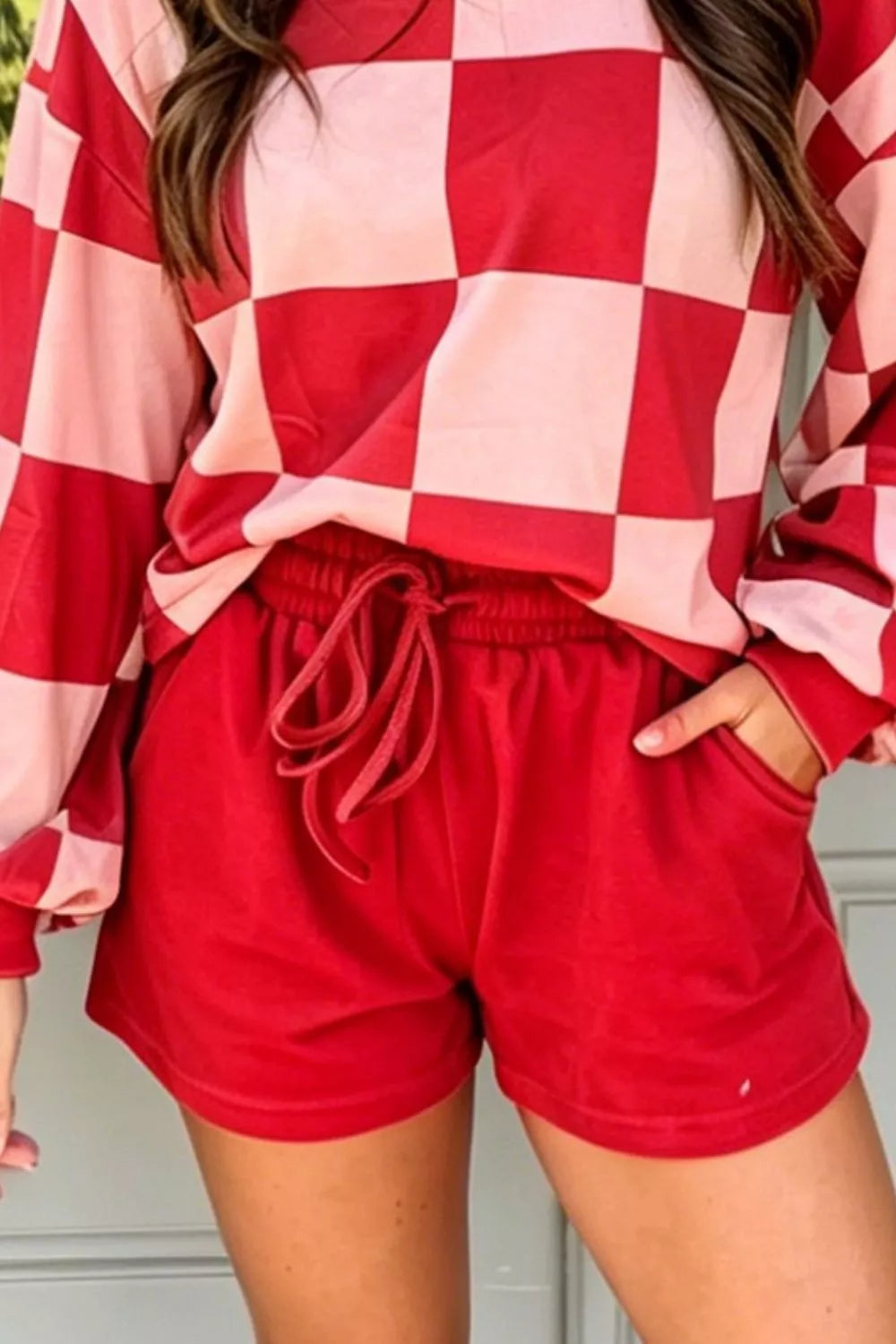 Trendsi Checkerboard Top and Drawstring Shorts Cozy Set -