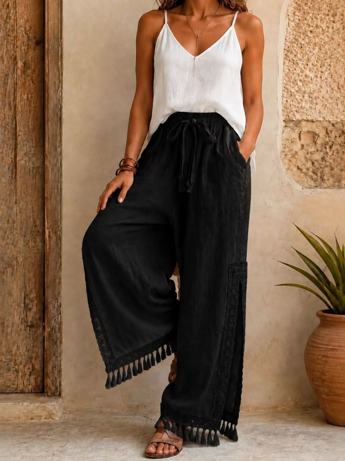 Trendsi Lace Detail Slit Wide Leg Pants -