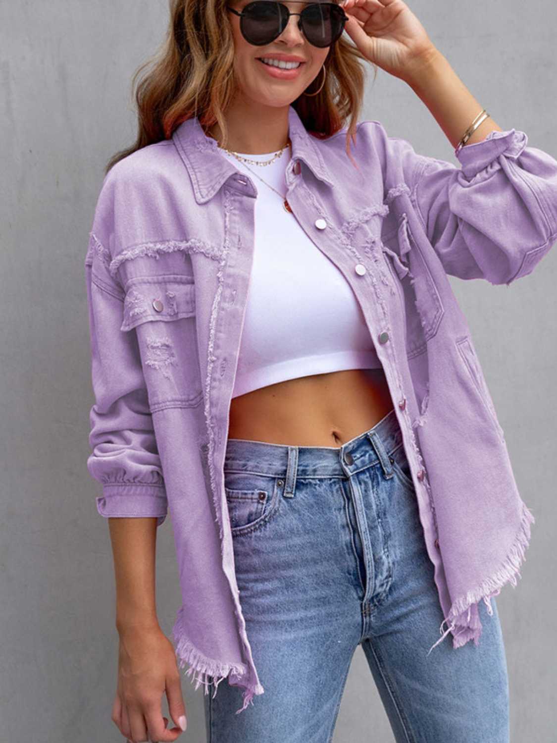 Trendsi Distressed Drop Shoulder Denim Jacket -