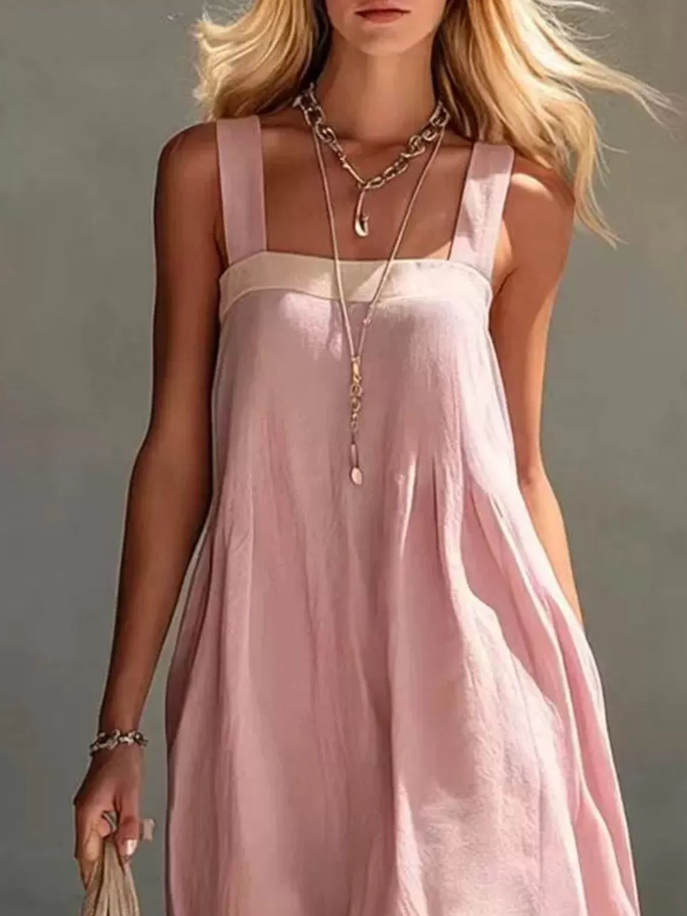 Trendsi Color-Block Sleeveless Linen-Blend Midi Dress -