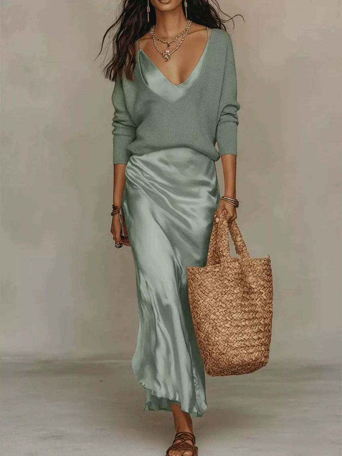 Satin Maxi Dress Two-Piece Set — front view