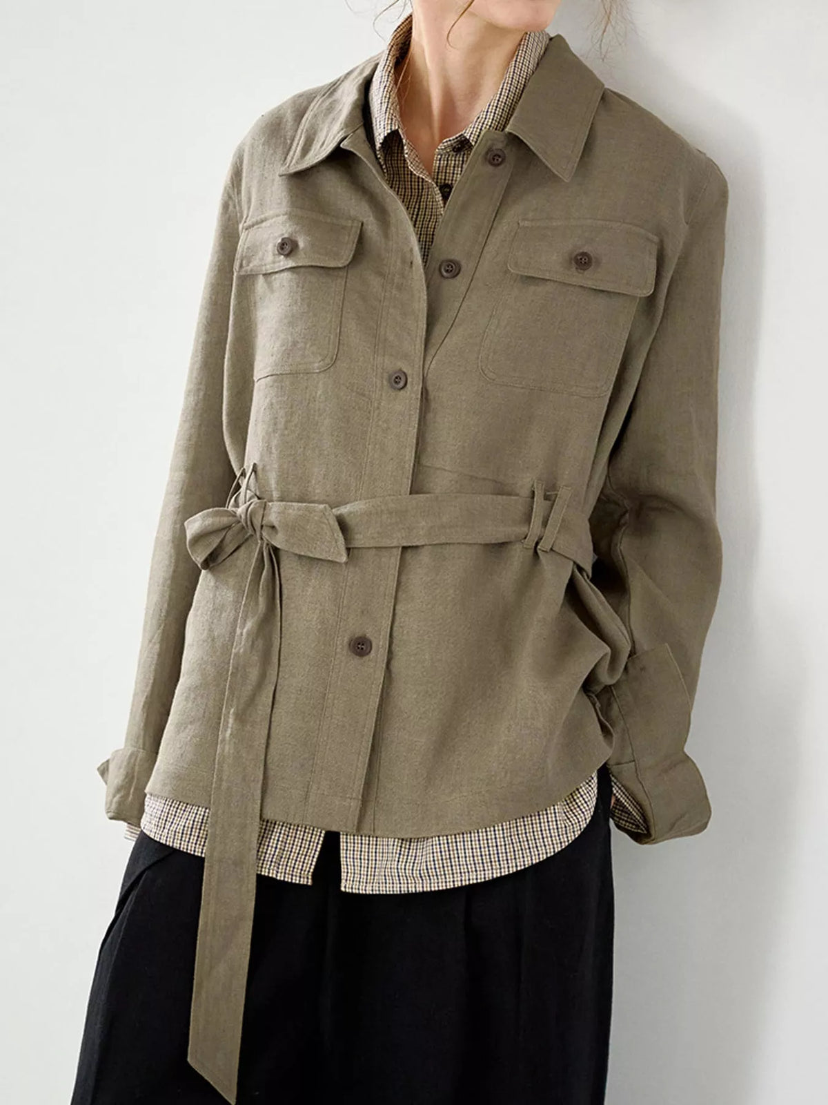 Belted shacket, olive angled front