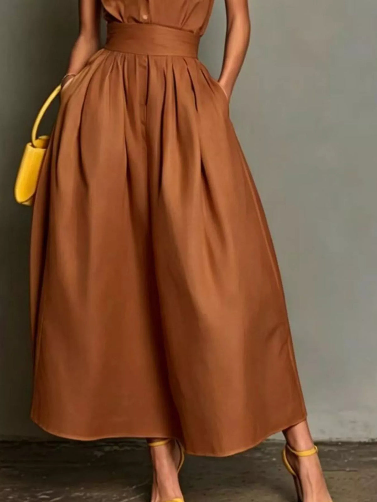 Brown halter-collar A-line midi dress, skirt detail