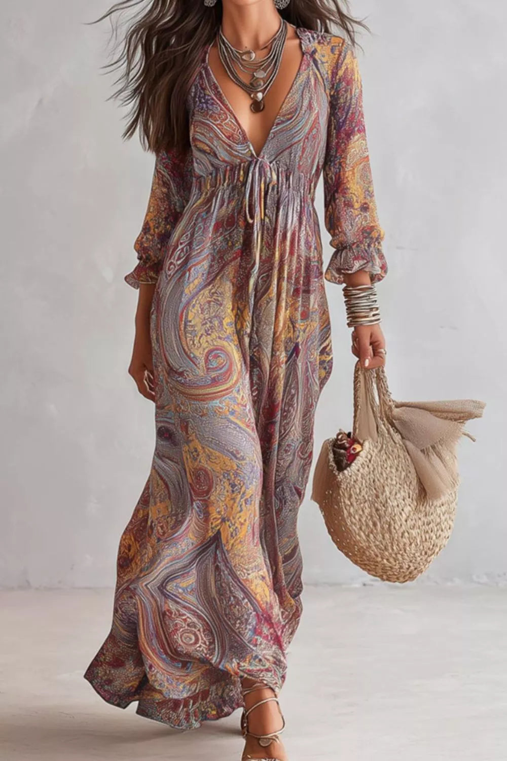 Multicolor Paisley Print V-Neck Long Sleeve Maxi Dress front view