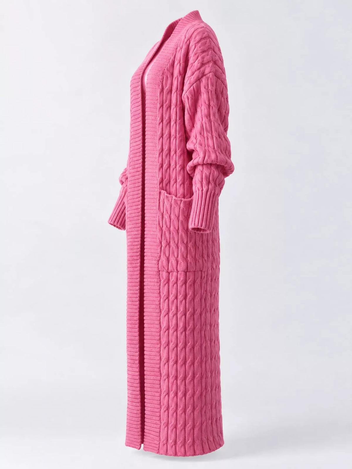 Pink cable-knit longline open-front cardigan