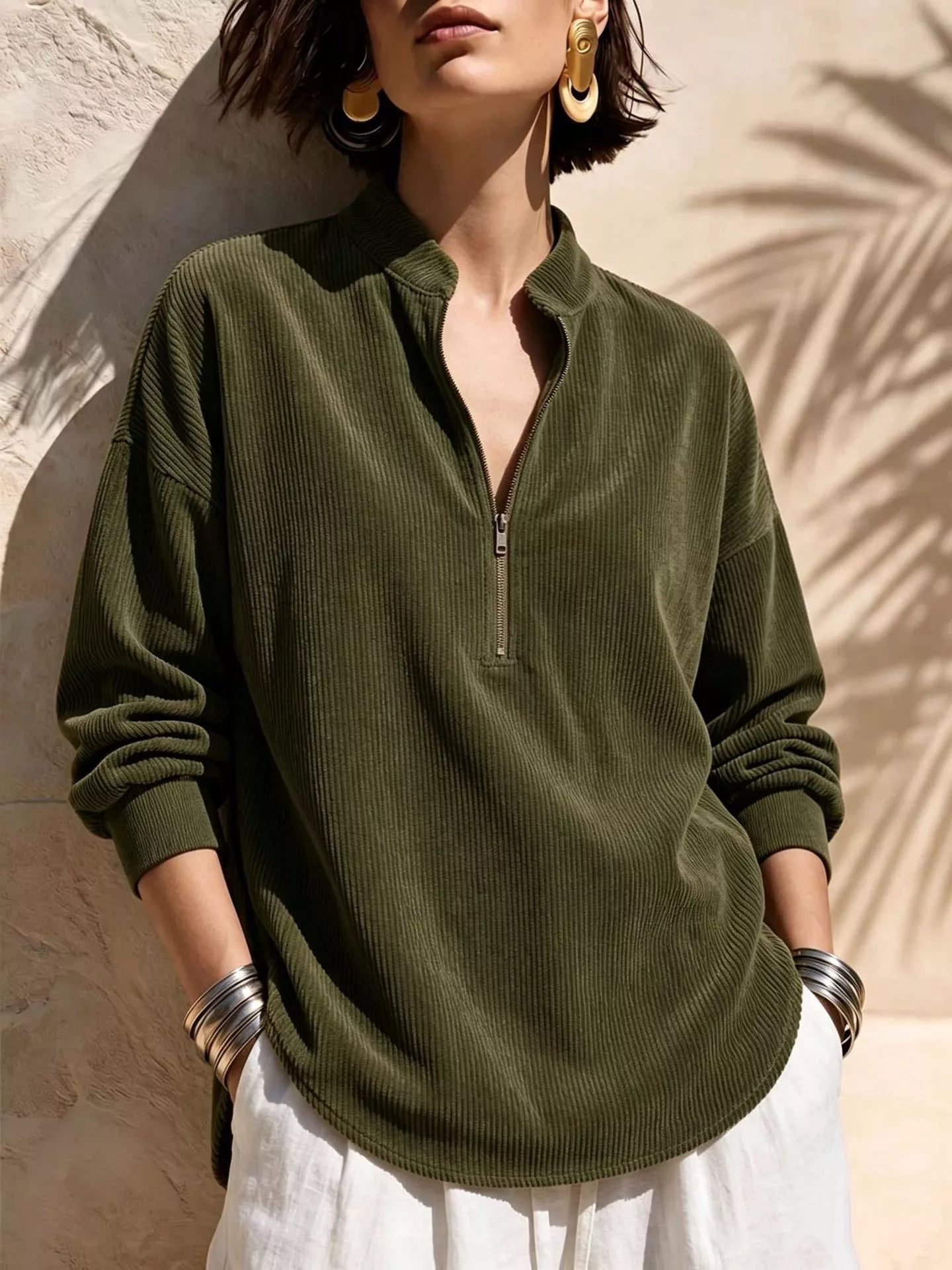 Trendsi Full Size Ribbed Half-Zip Corduroy Sweatshirt Plus Size -