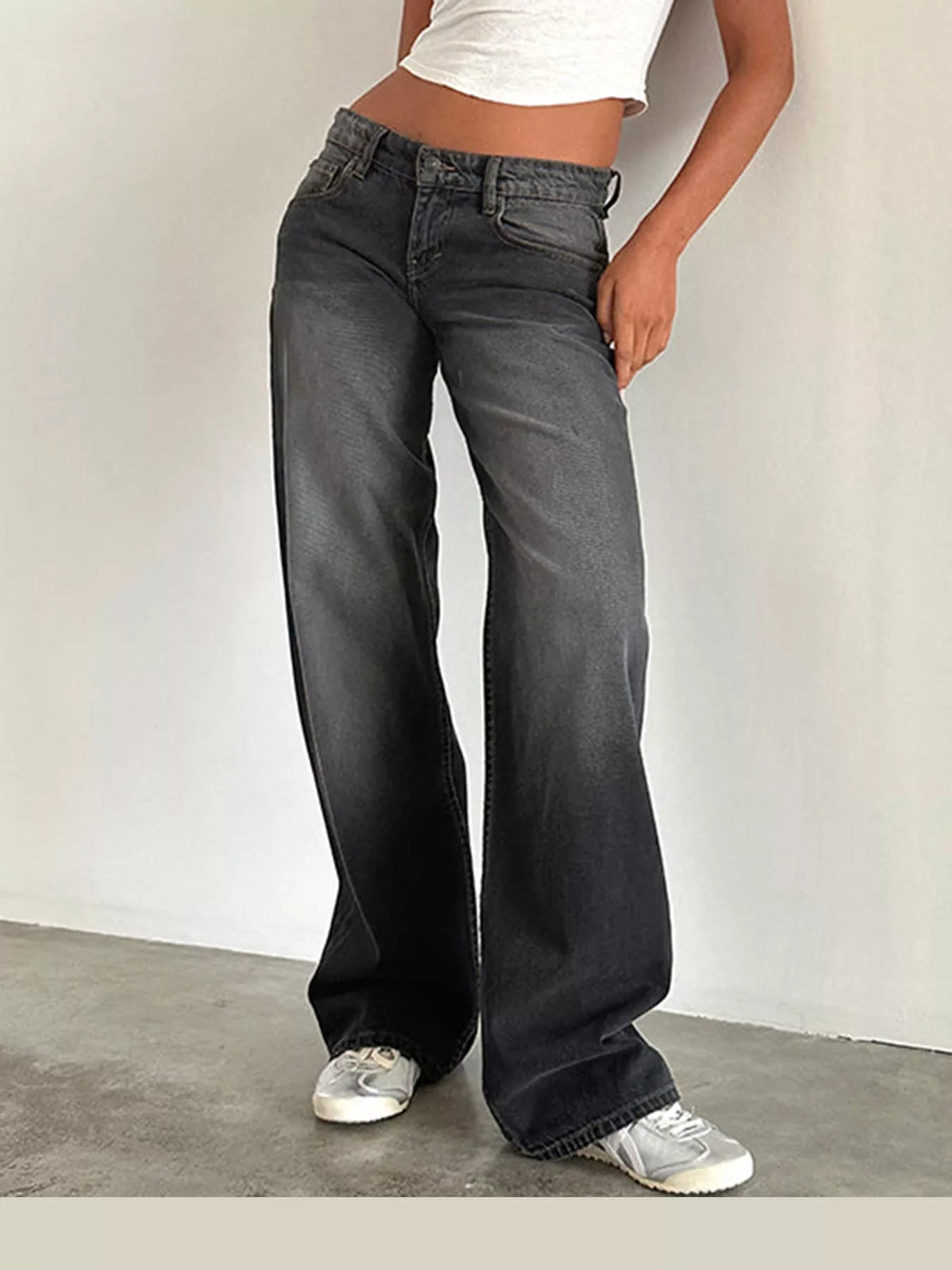 Vintage Wash Low-Rise Wide-Leg Jeans — front view