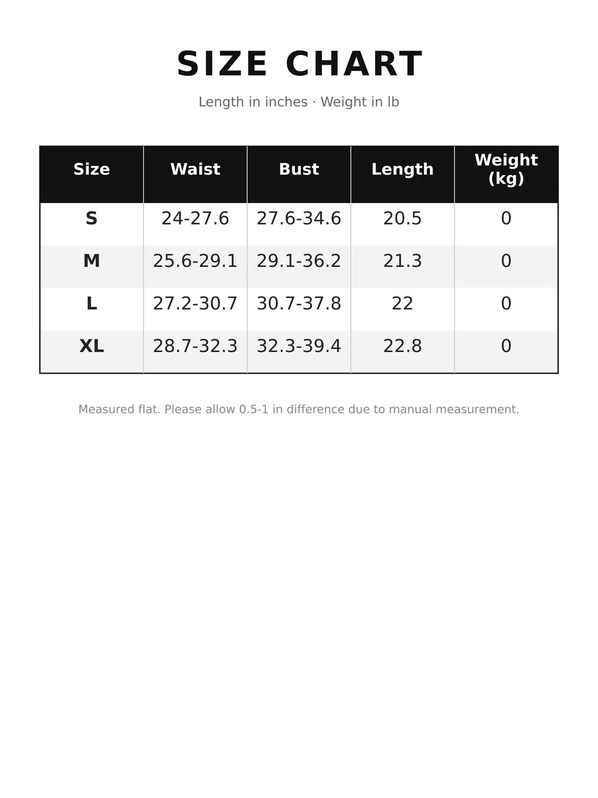 Size chart for faux leather bodysuit