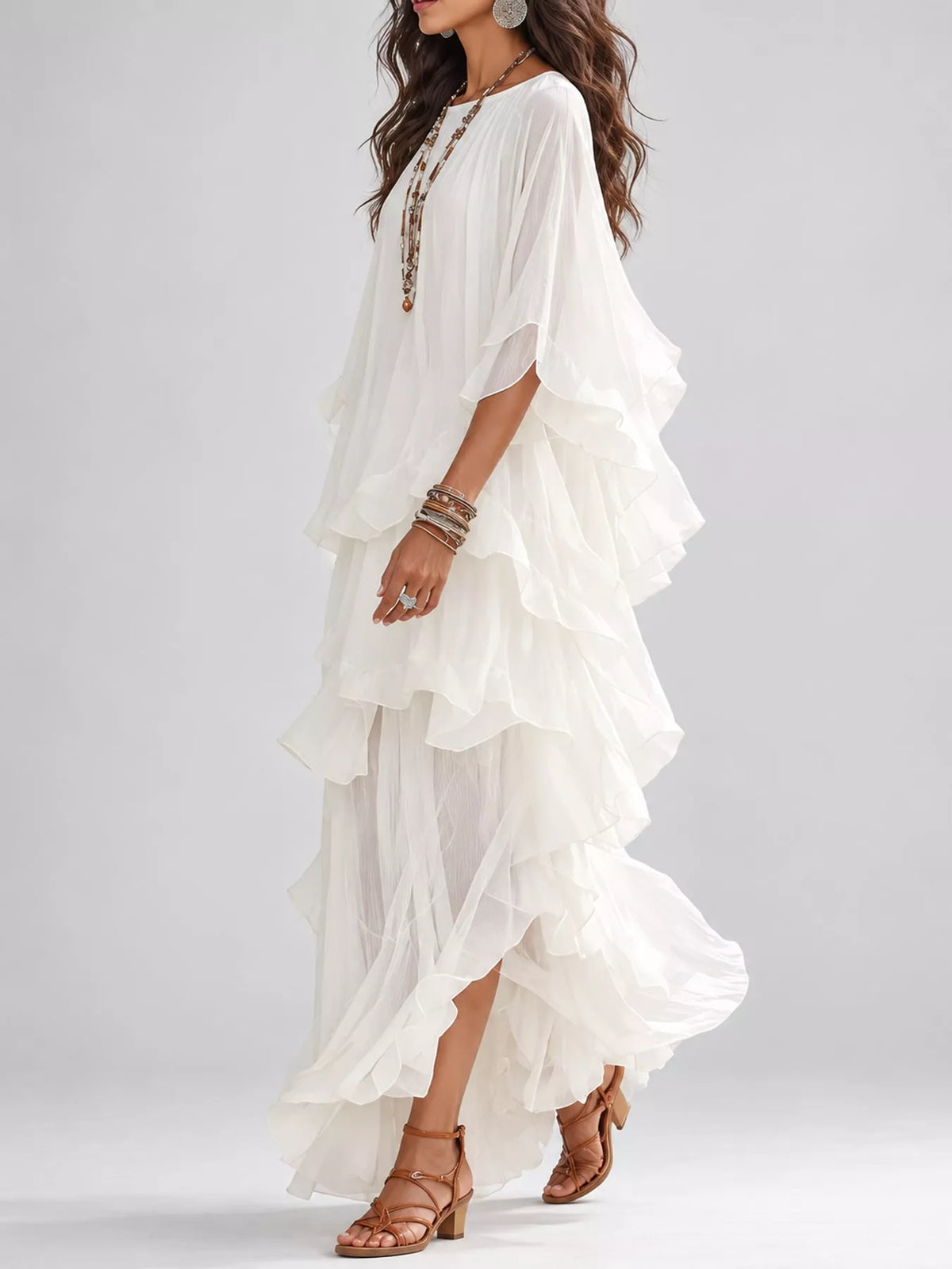 White ruffled layered bohemian maxi dress, side view