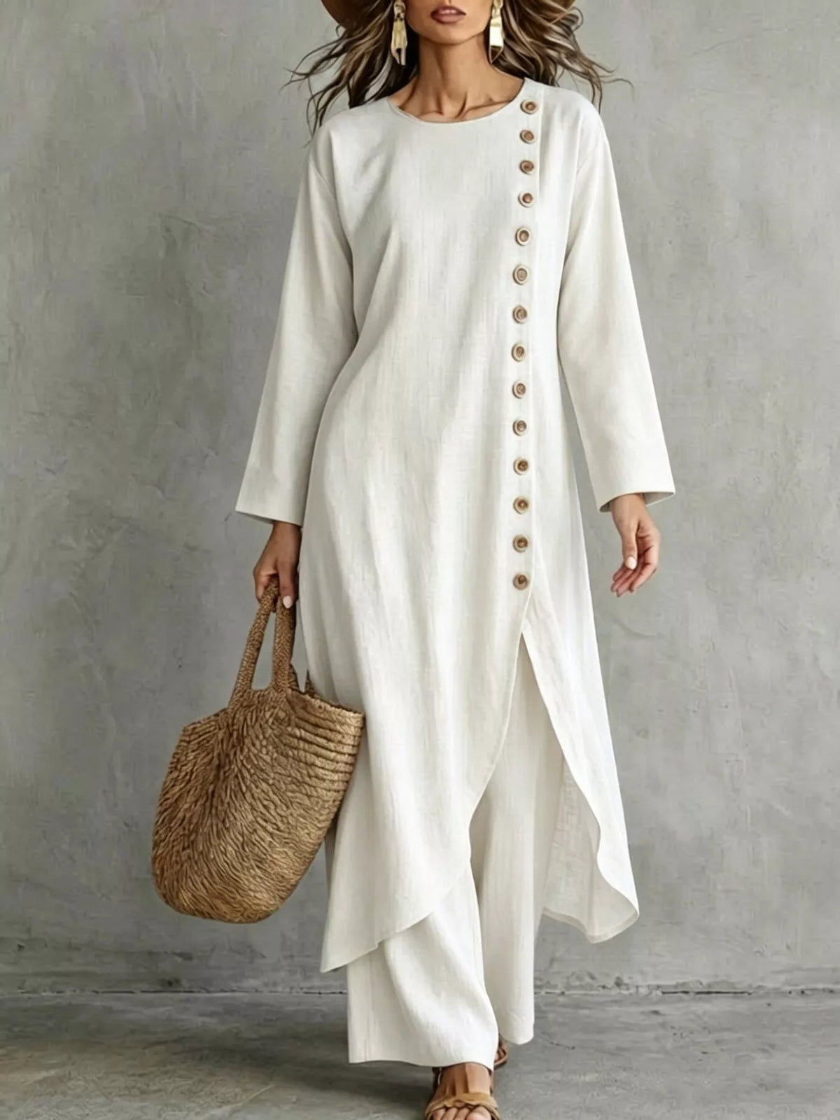 White longline top and pants set, front view