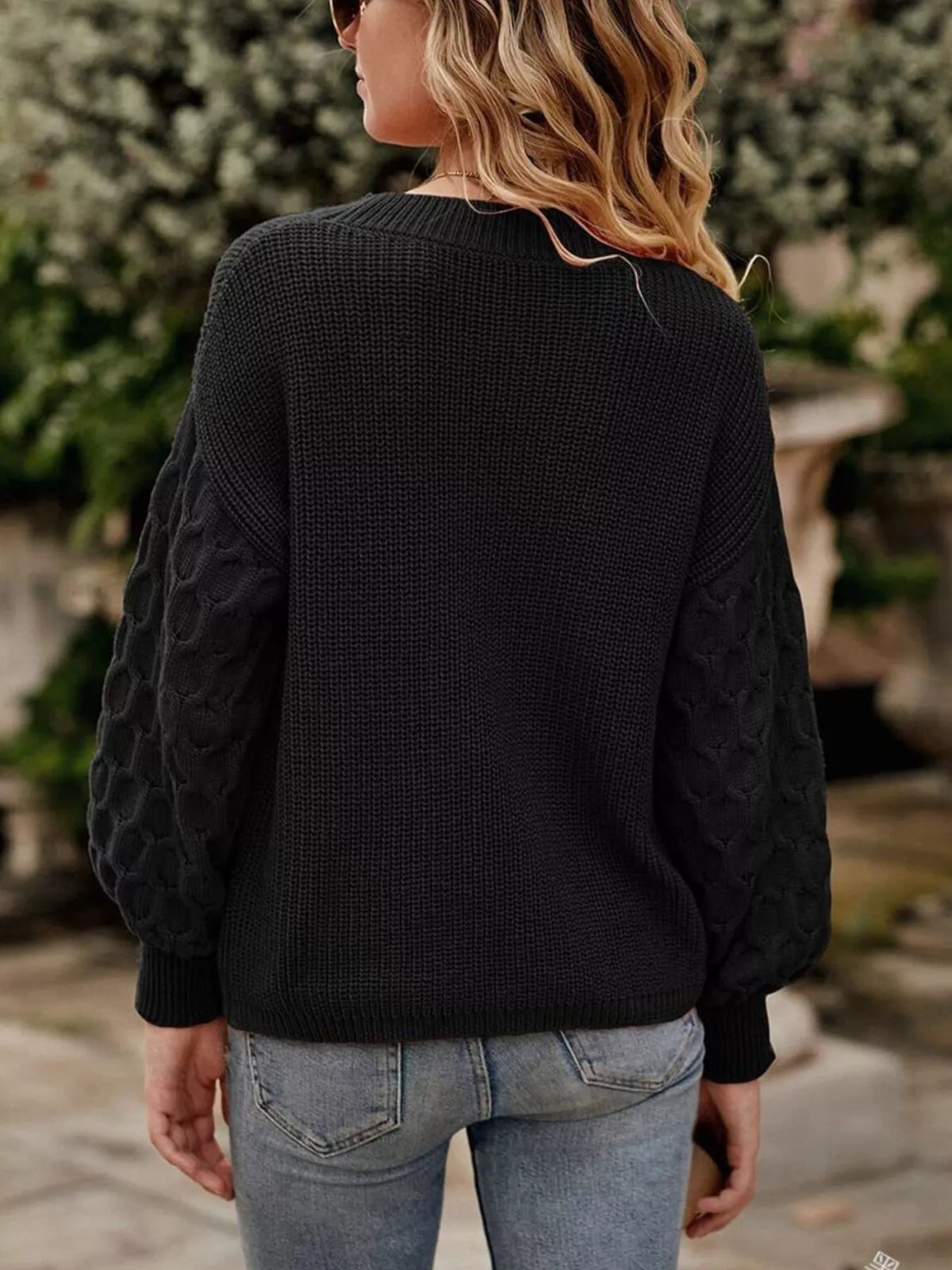 Textured Sleeve Round Neck Sweater in black, back view