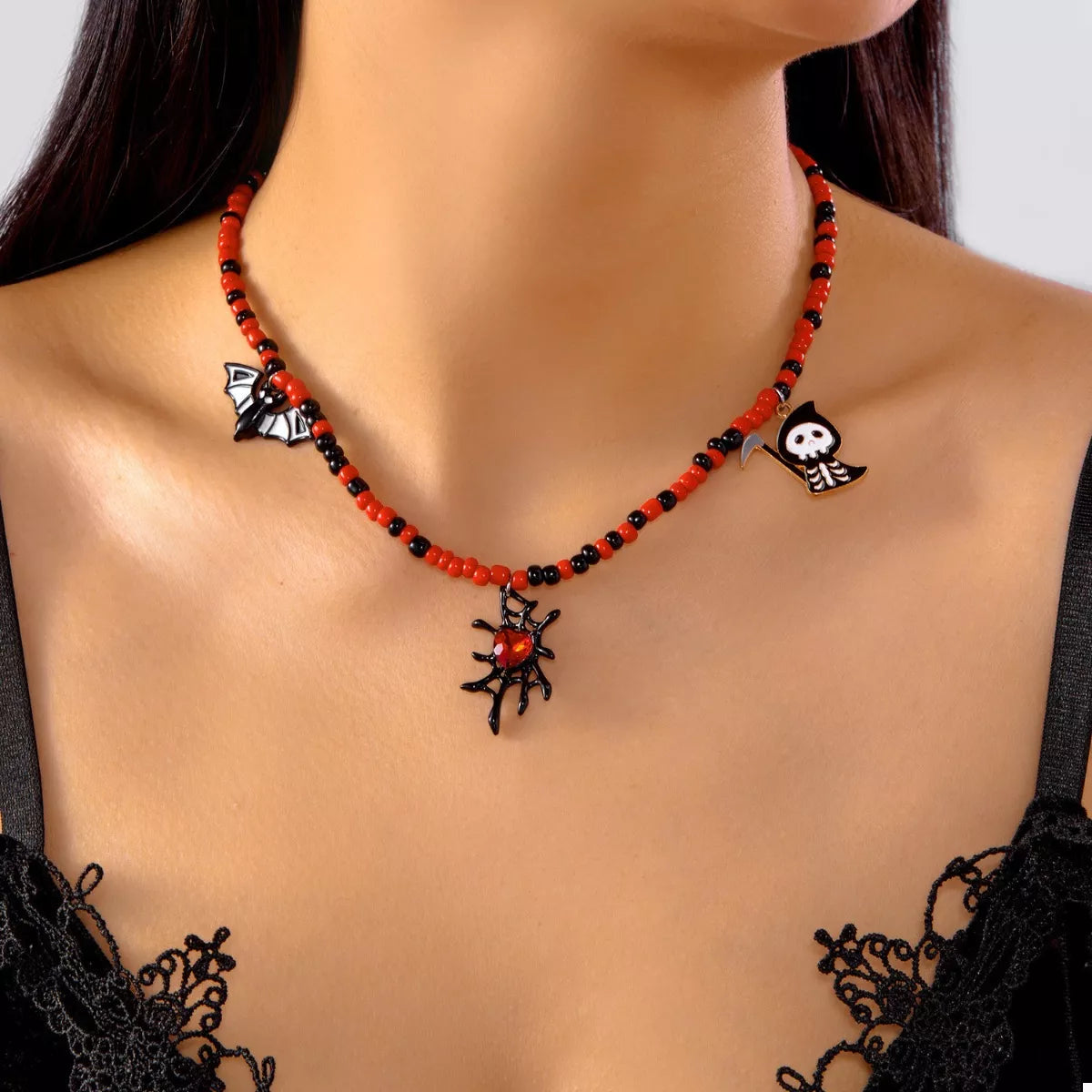 Trendsi Halloween Spider Web Beaded Necklace -