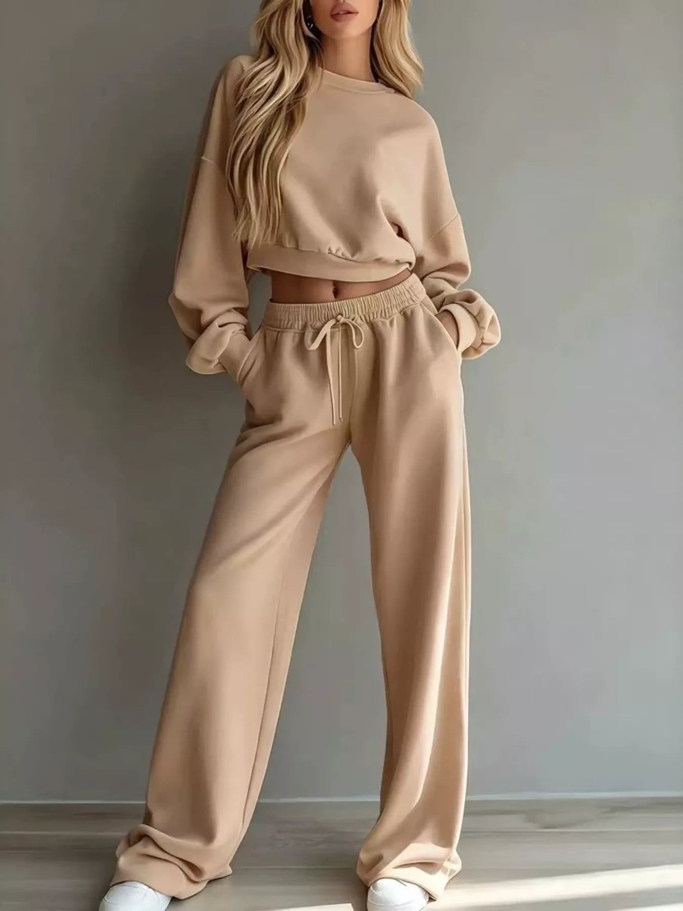 Trendsi Round Neck Cropped Sweatshirt and Wide-Leg Pants Set -