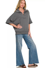 Trendsi Zenana Scuba Collared Short Sleeve Pullover -