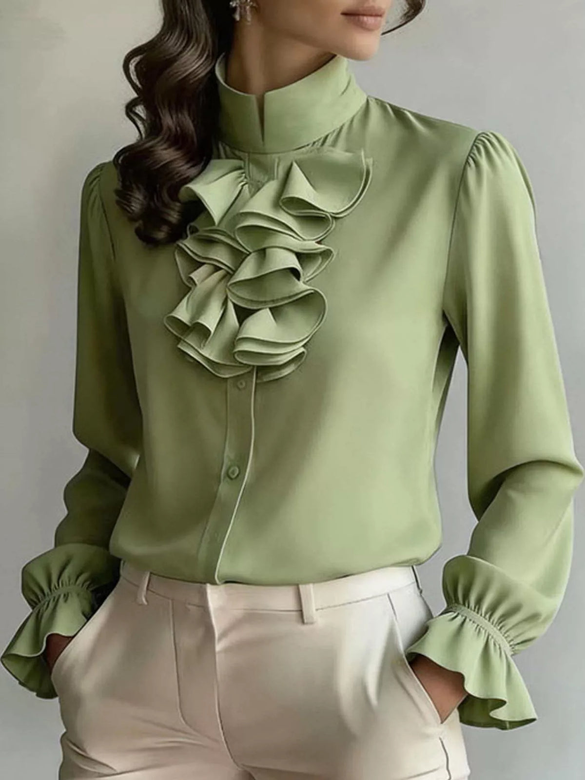 Ruffled Stand-Collar Blouse with Long Lantern Sleeves, front view