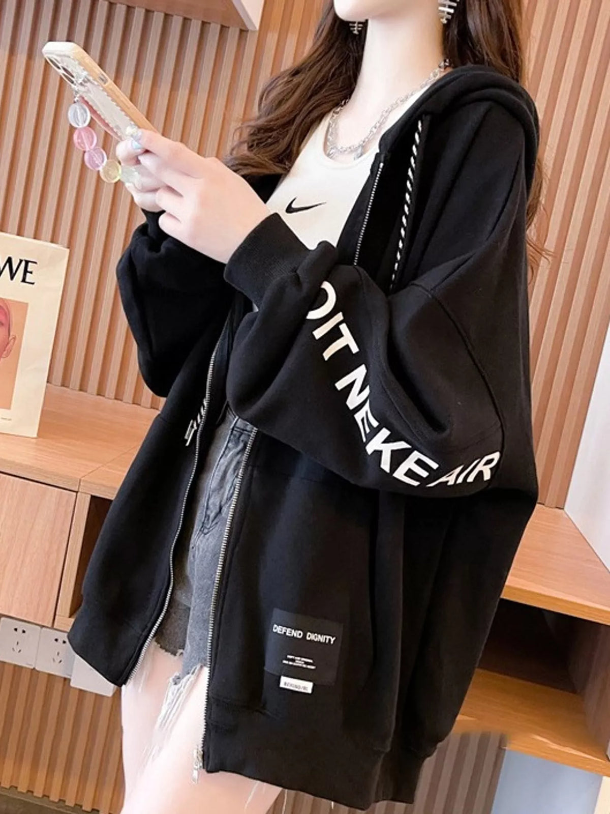Oversized Zip-Up Hoodie with Letter Print — side view
