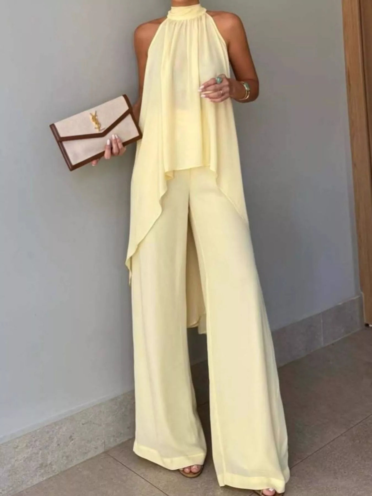Yellow High-Low Sleeveless Top & Wide-Leg Pants Set front view