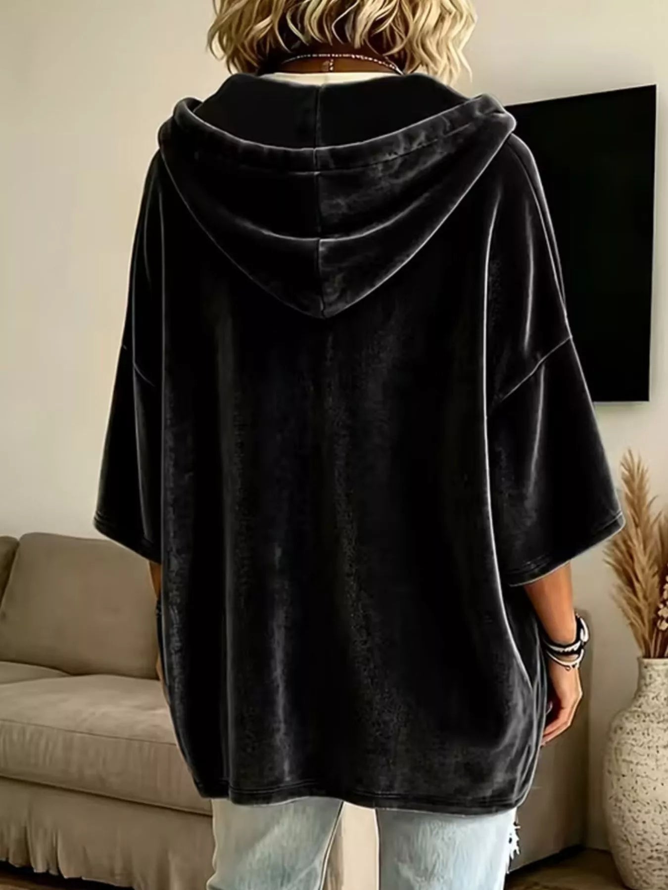 Trendsi Velvet Loose Fit Hoodie with Drawstring -