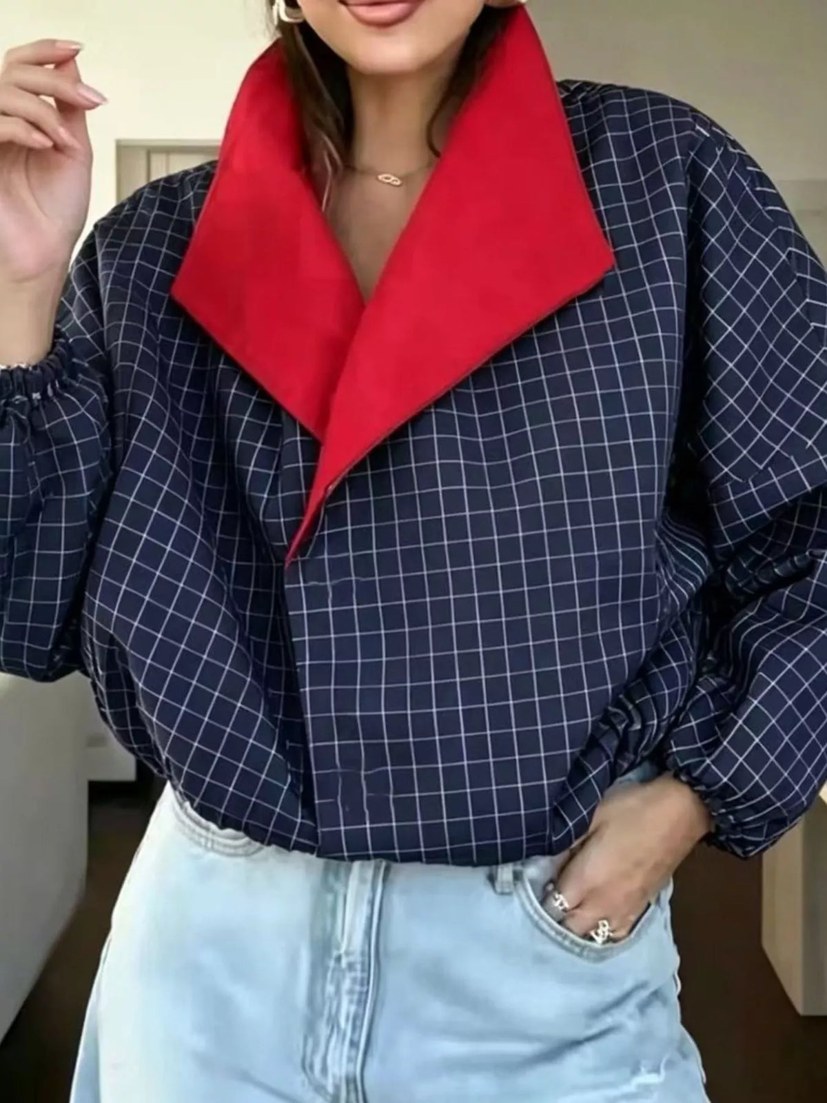 Navy check contrast lapel plaid jacket — front view
