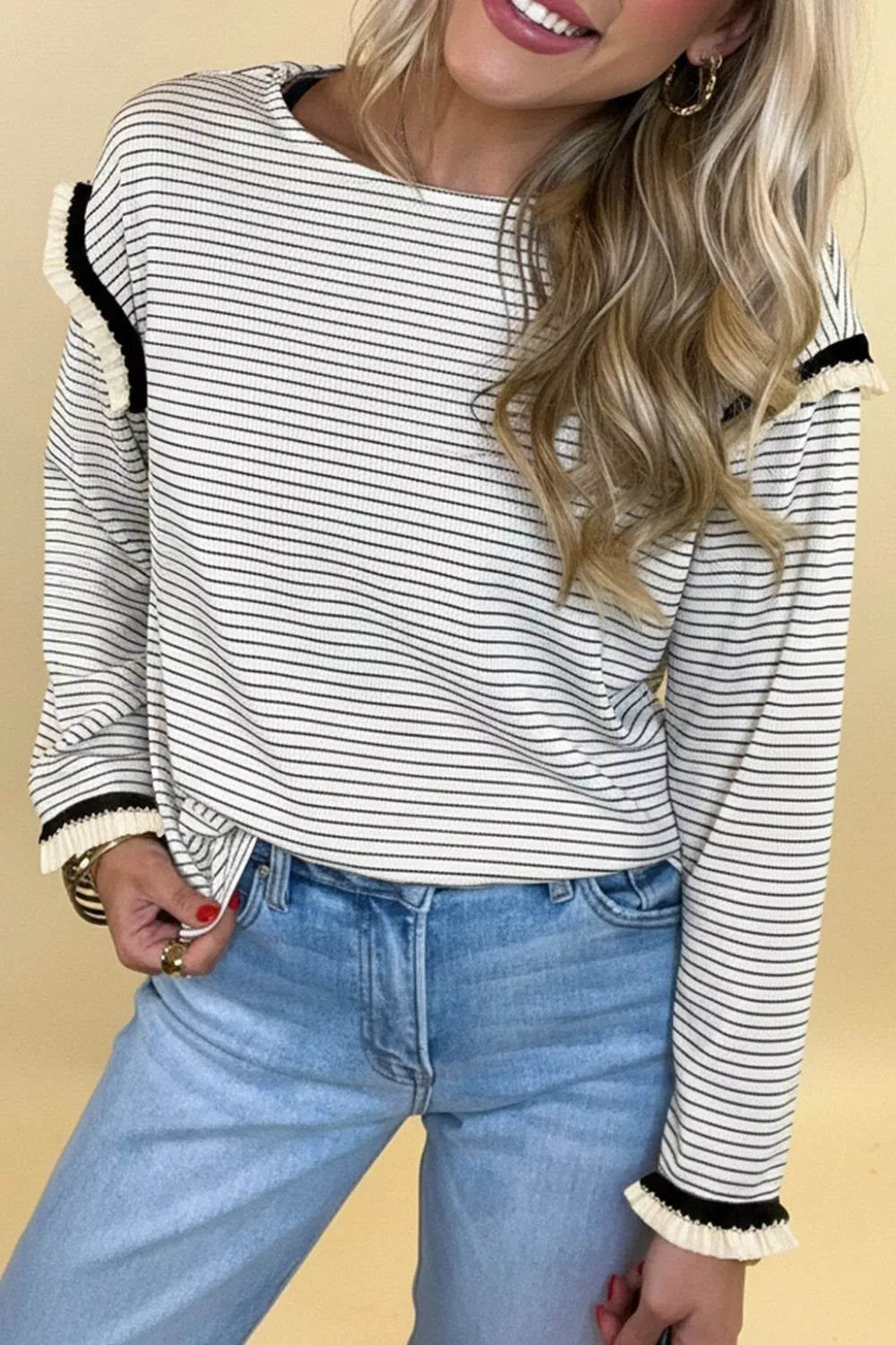 Trendsi Stripe Contrasted Ruffle Trim Loose Long Sleeve Top -