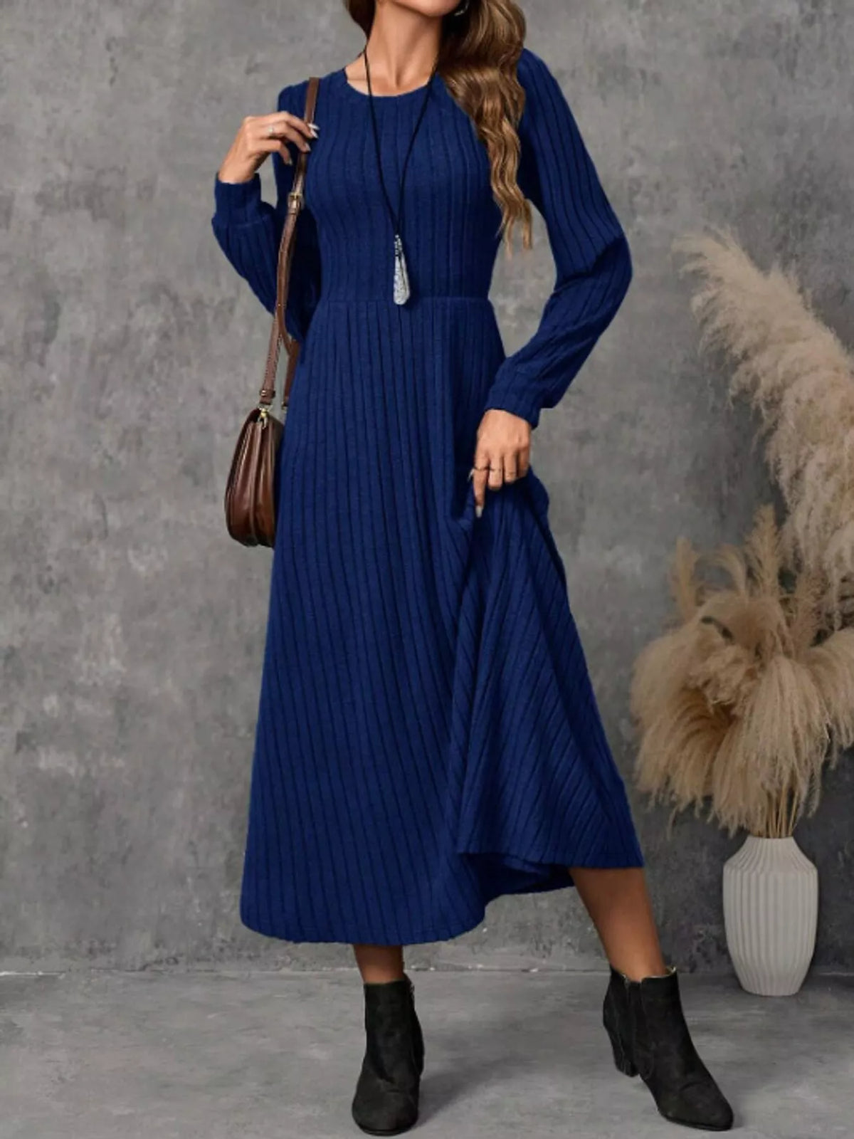 Women's Ribbed Knit Long Sleeve A-Line Midi Dress in blue — front view