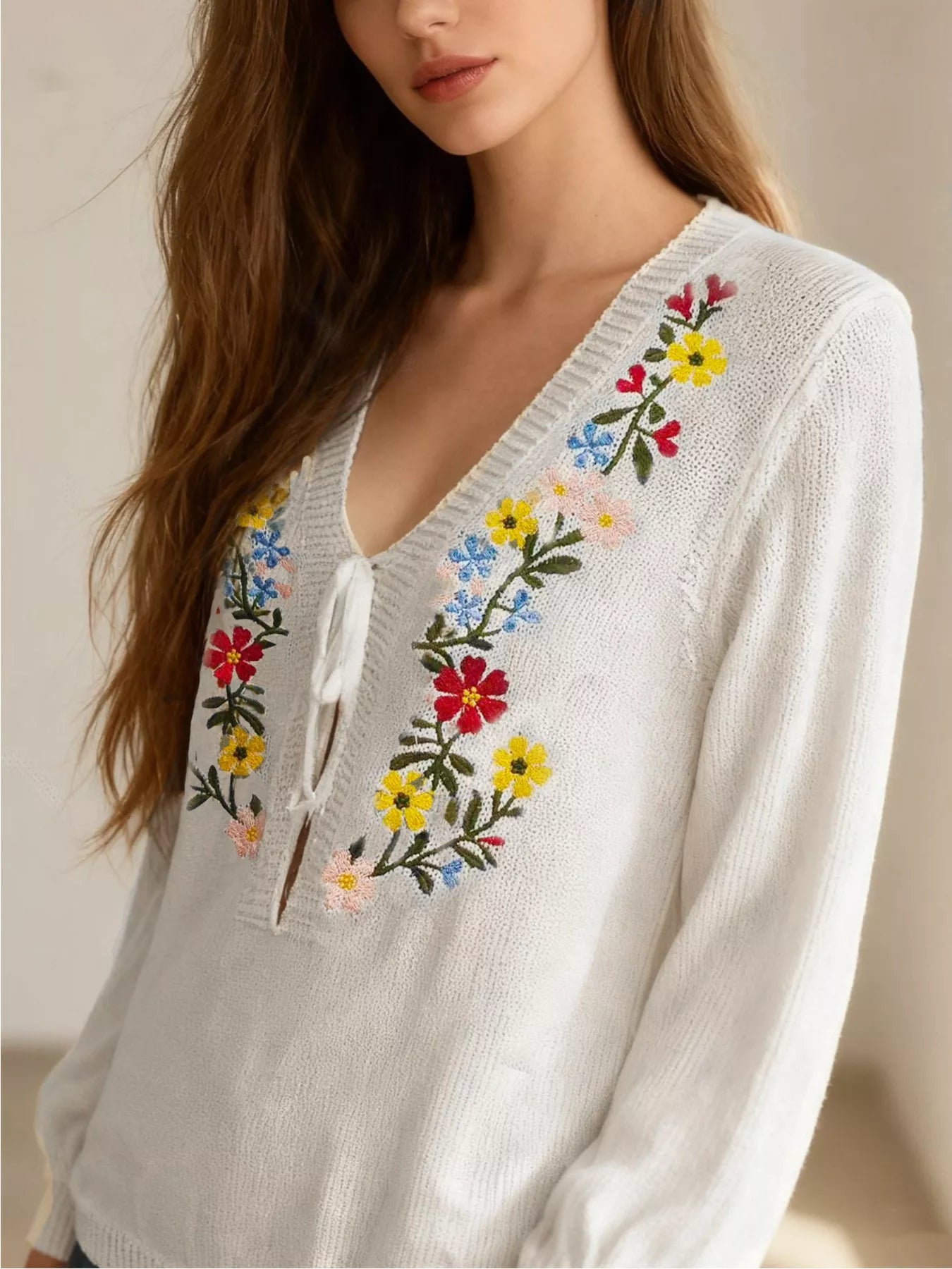 Trendsi Floral Embroidered V-Neck Sweater -