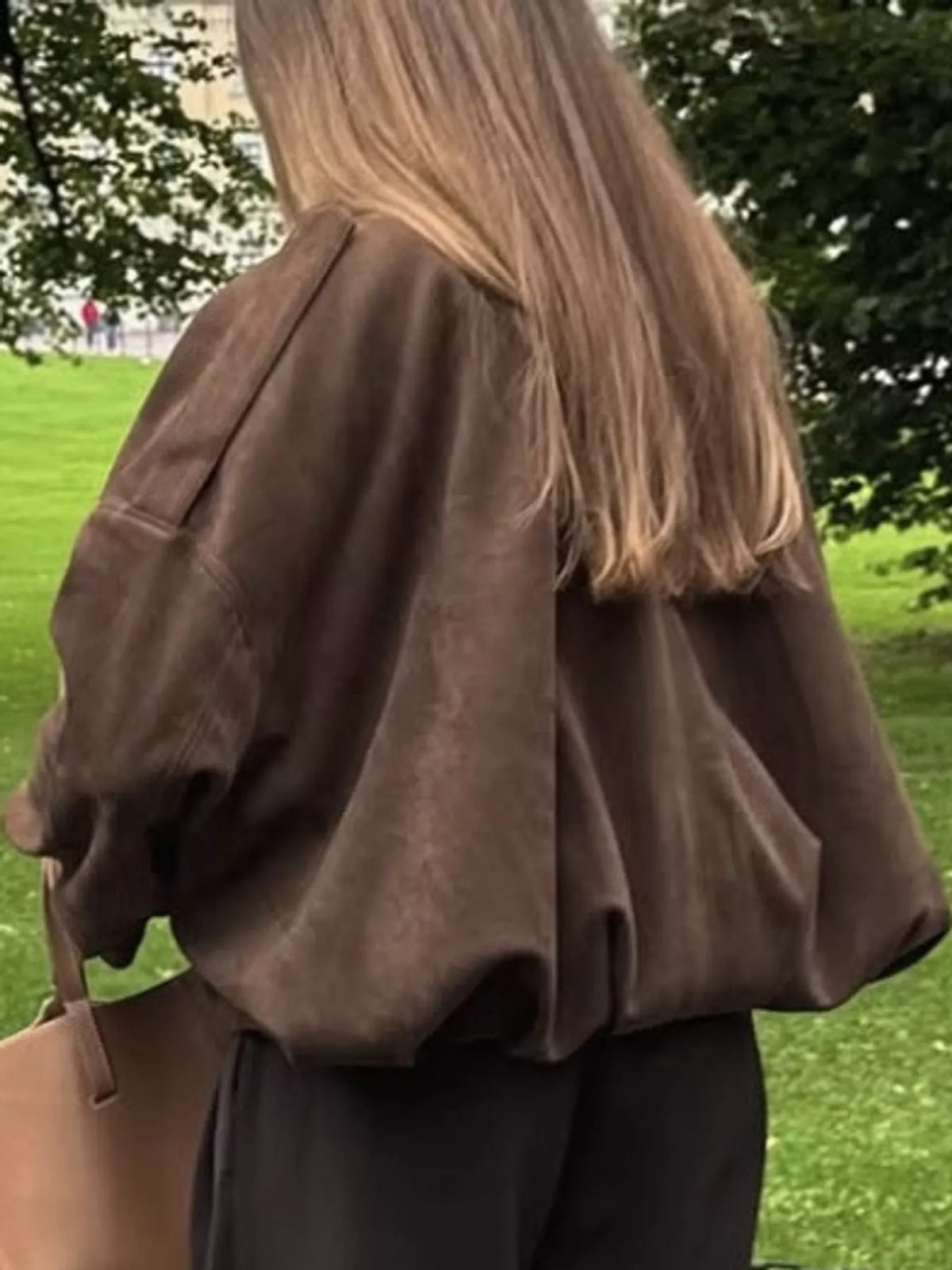 Brown elastic hem batwing sleeve jacket, back view