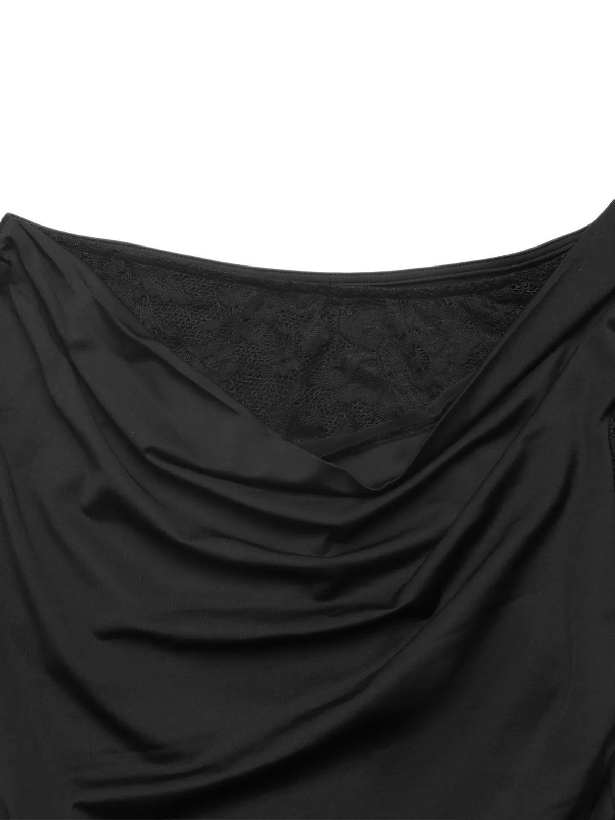 Black lace-sleeve draped bodysuit, neckline detail