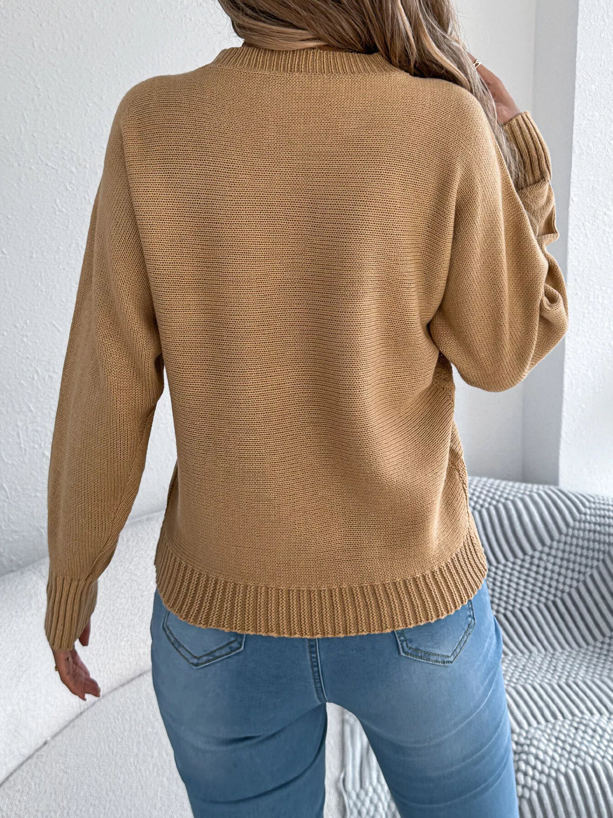 Khaki Color cable knit crew neck sweater, back view