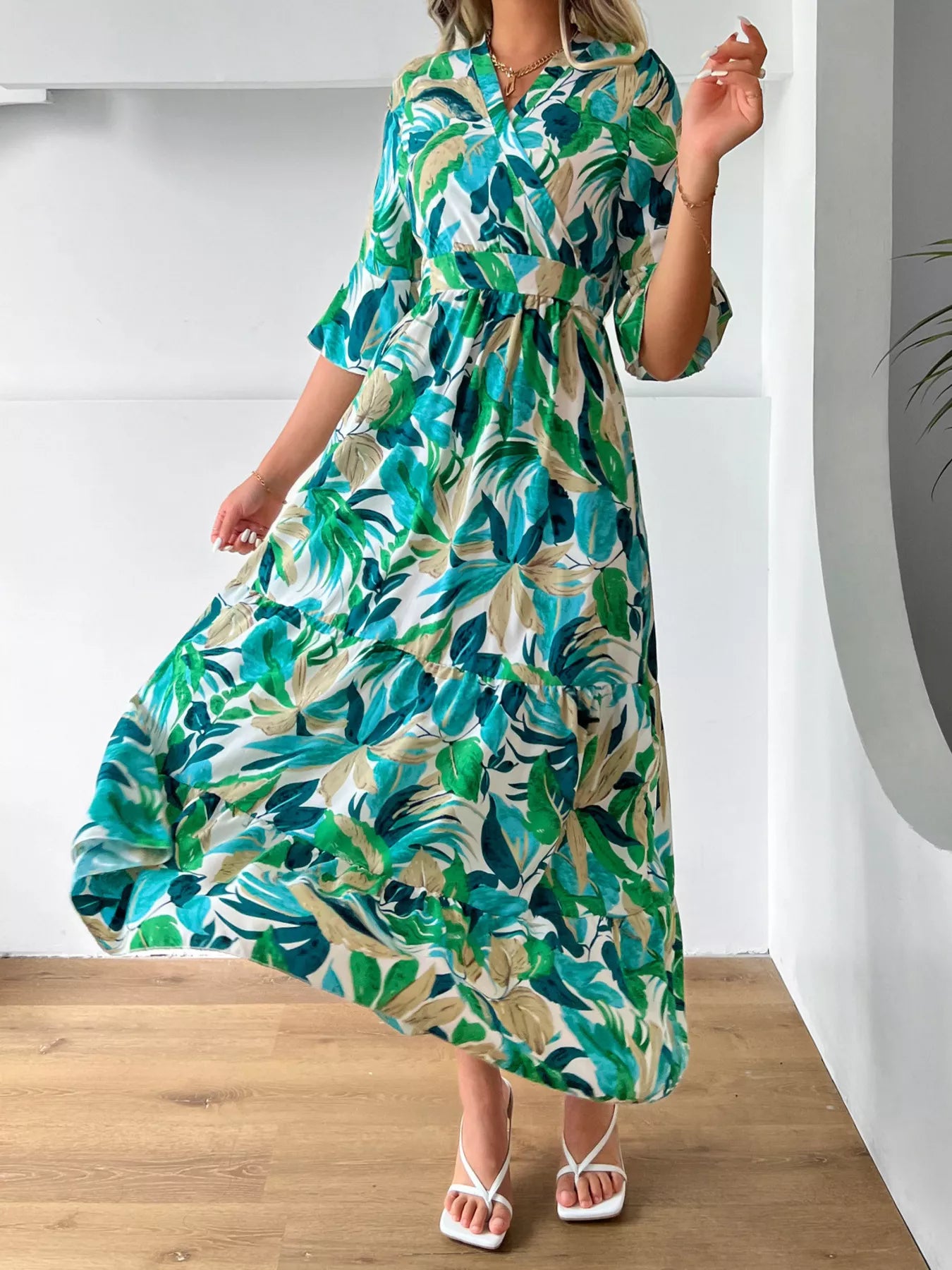 Trendsi Tropical Leaf Print Half Sleeve Midi Dress -