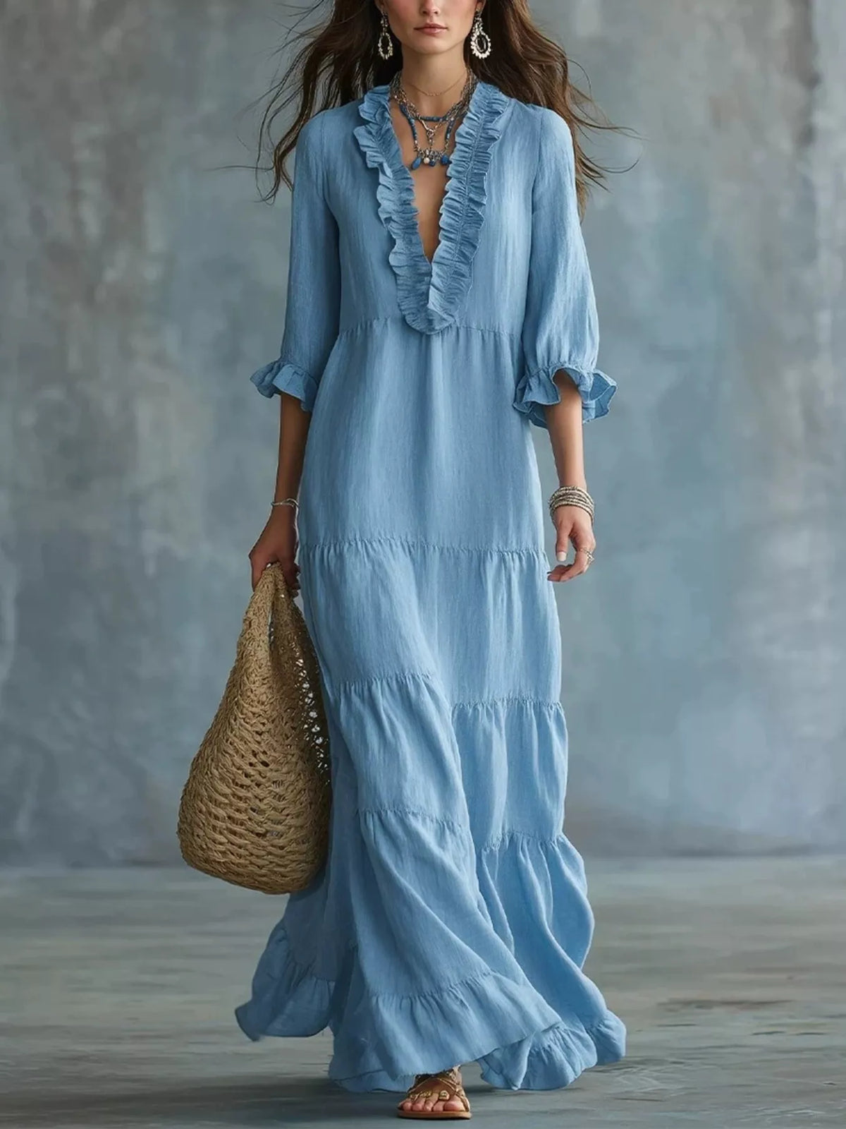 Trendsi Ruffled V-Neck Tiered Maxi Dress -
