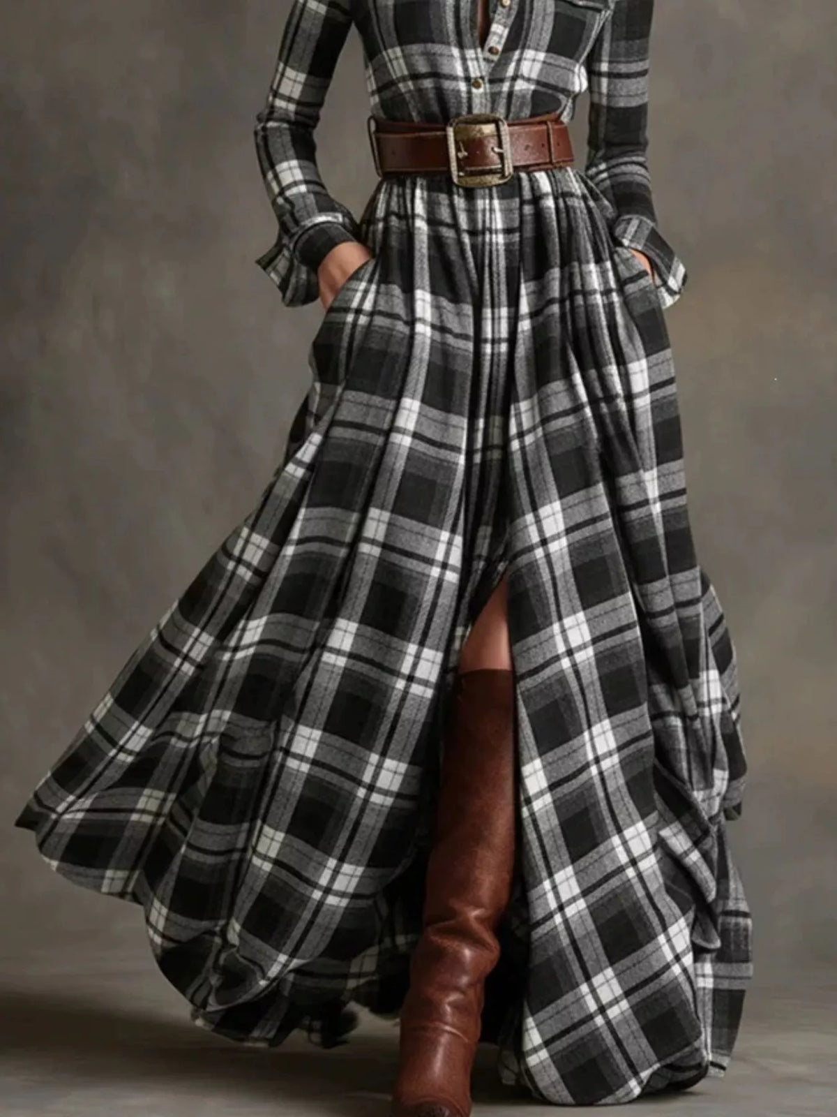 Vintage Plaid Button-Down Maxi Shirt Dress in black and white