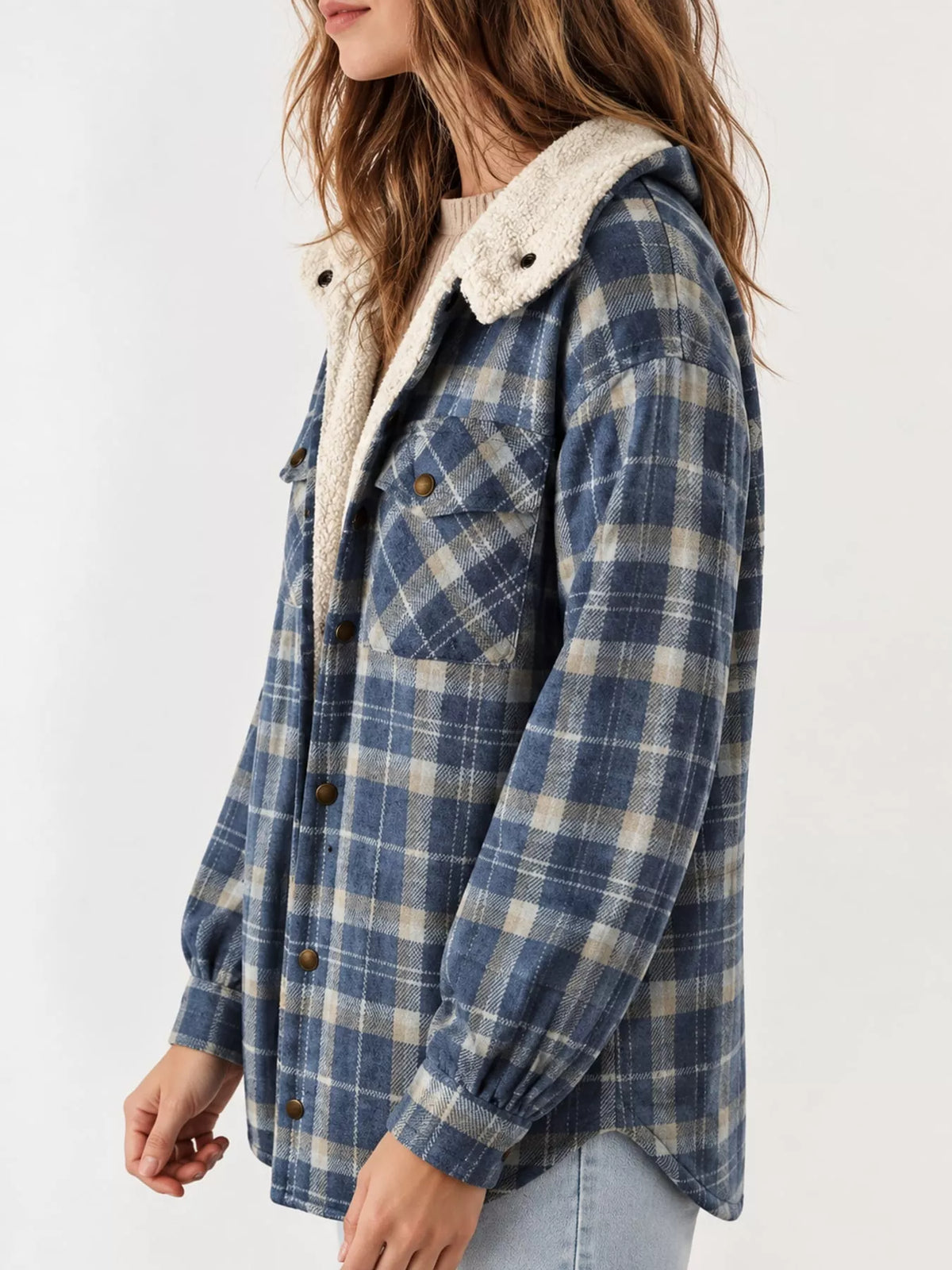 Blue Grid sherpa-lined plaid hooded jacket