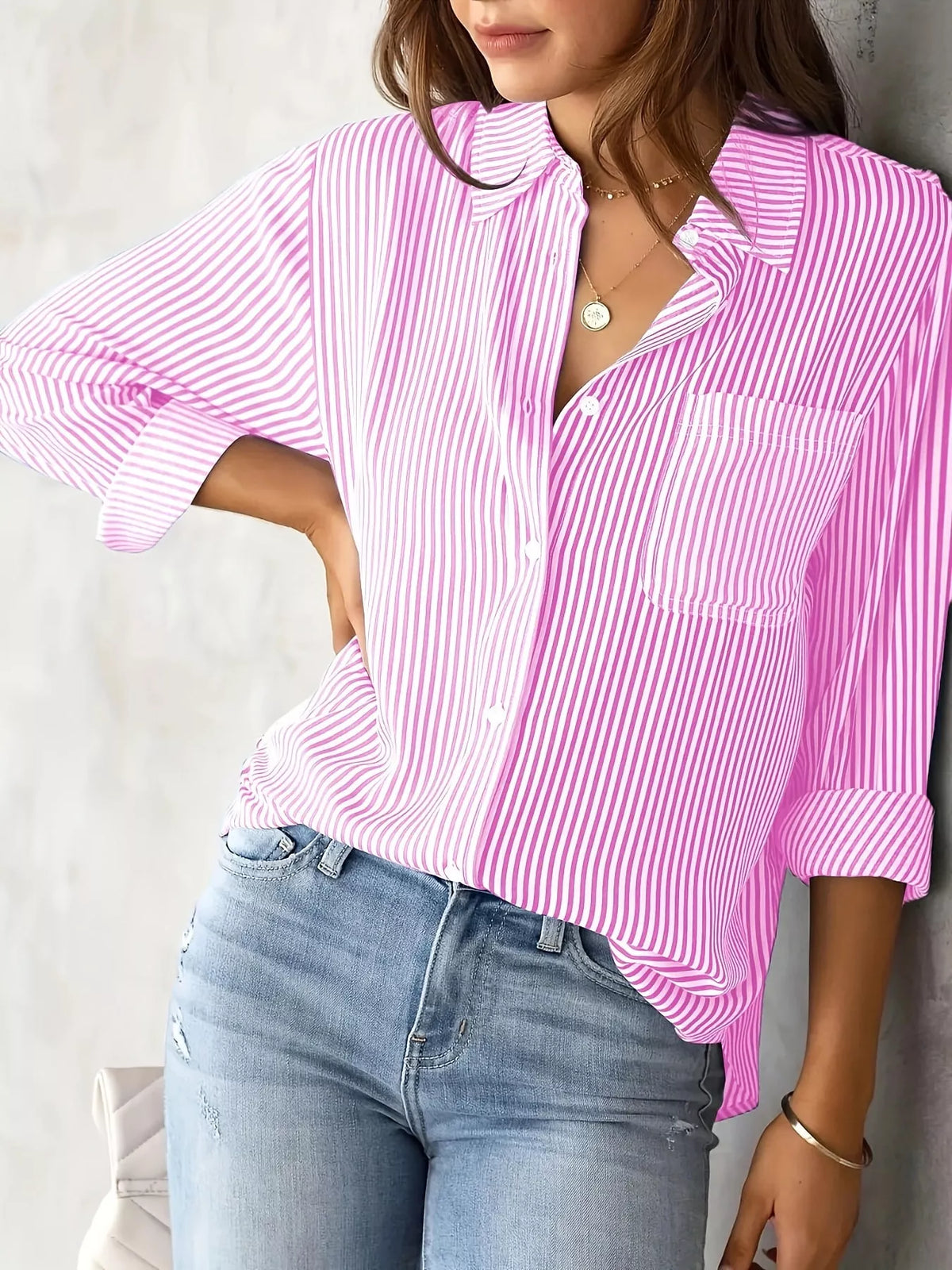 Striped long shirt, pink front