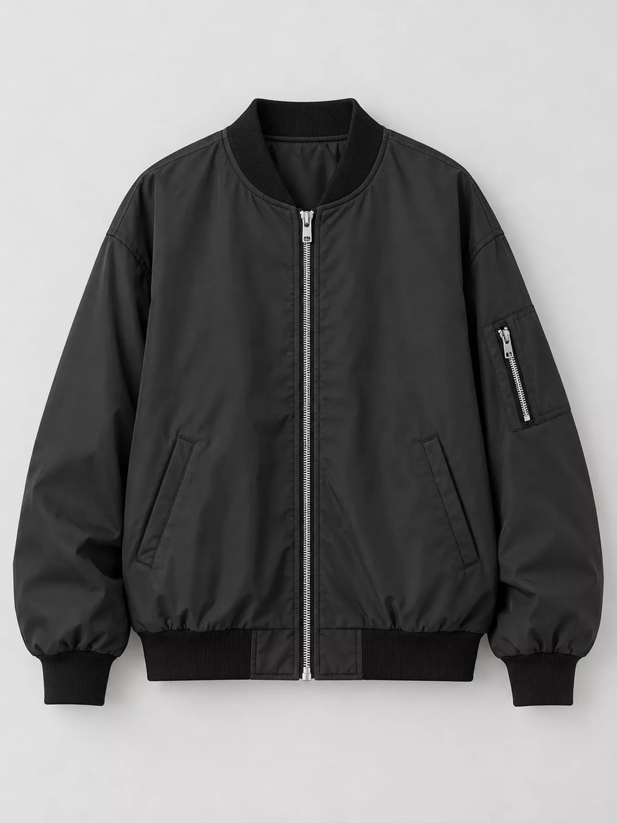 Black zip-up bomber jacket — front view