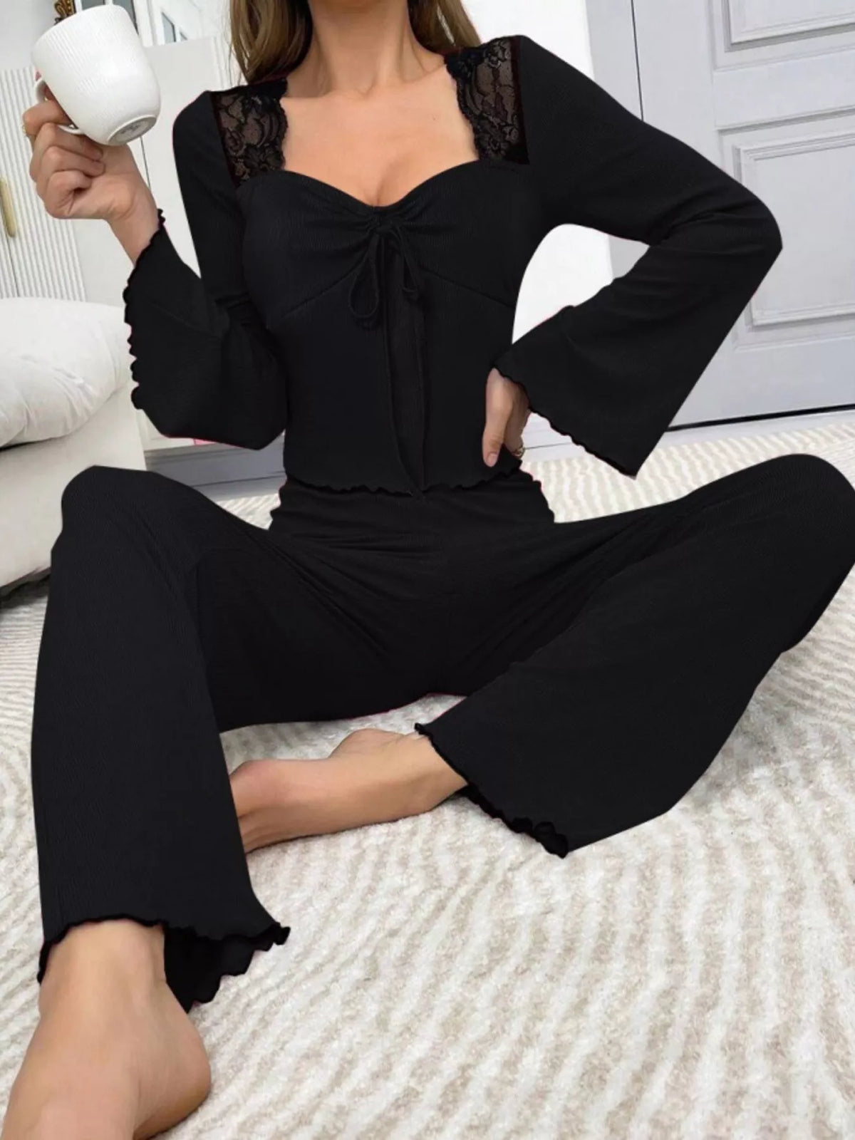 Black Lace-Trim Flare-Sleeve Top & Pants Lounge Set seated front view