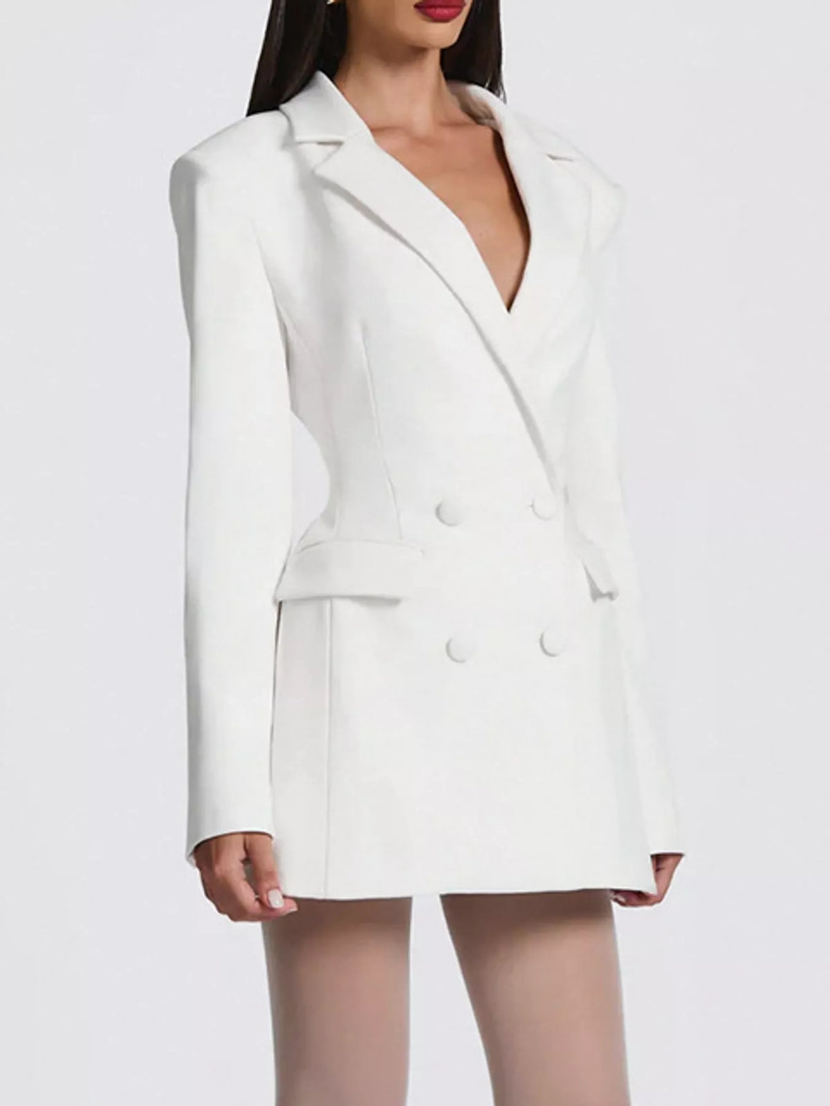 White double-breasted blazer dress — front view