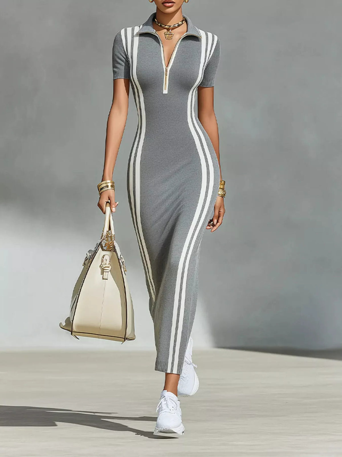 Gray side stripe short sleeve dress — front view