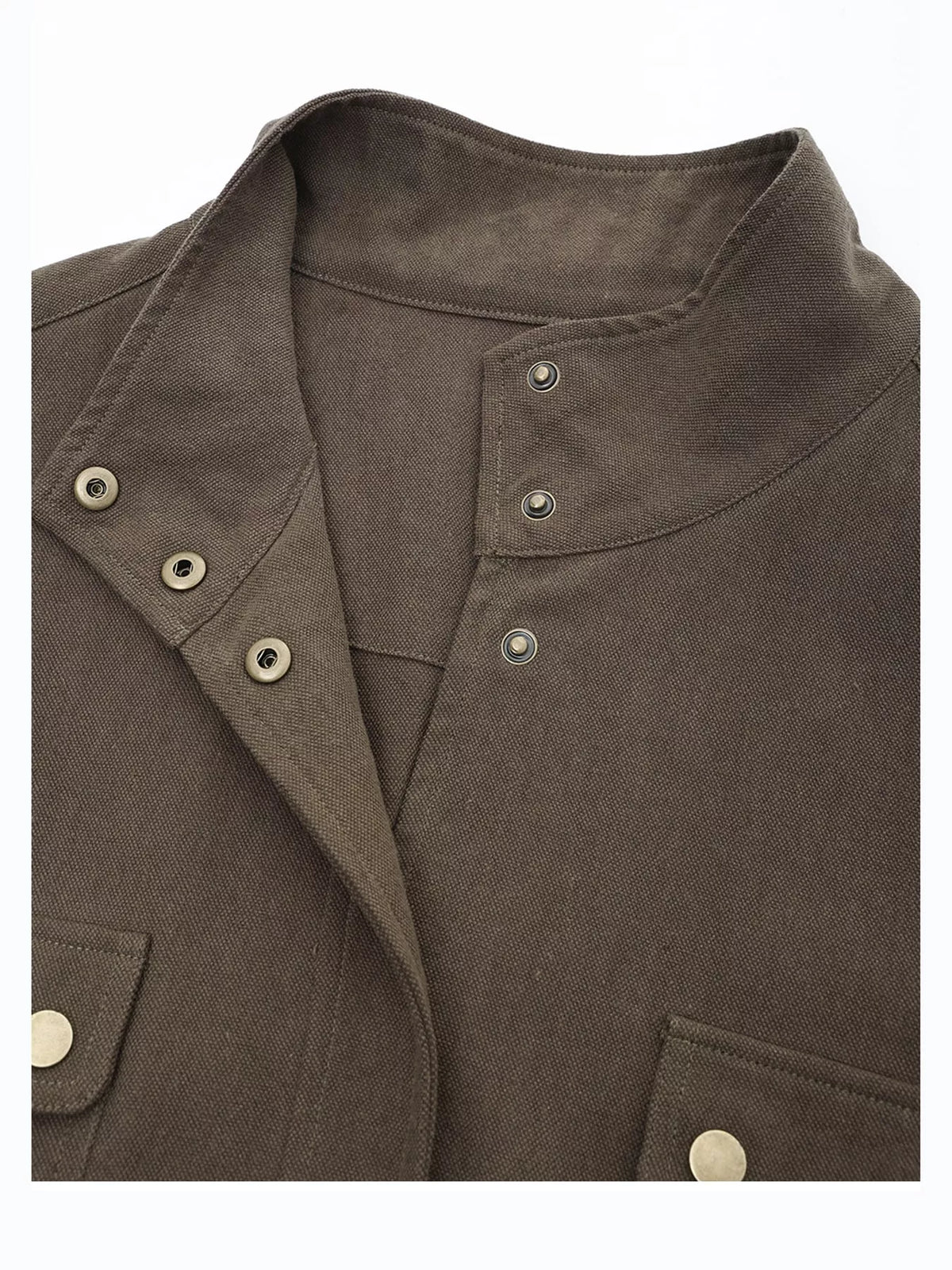 Drawstring utility jacket, brown collar snaps