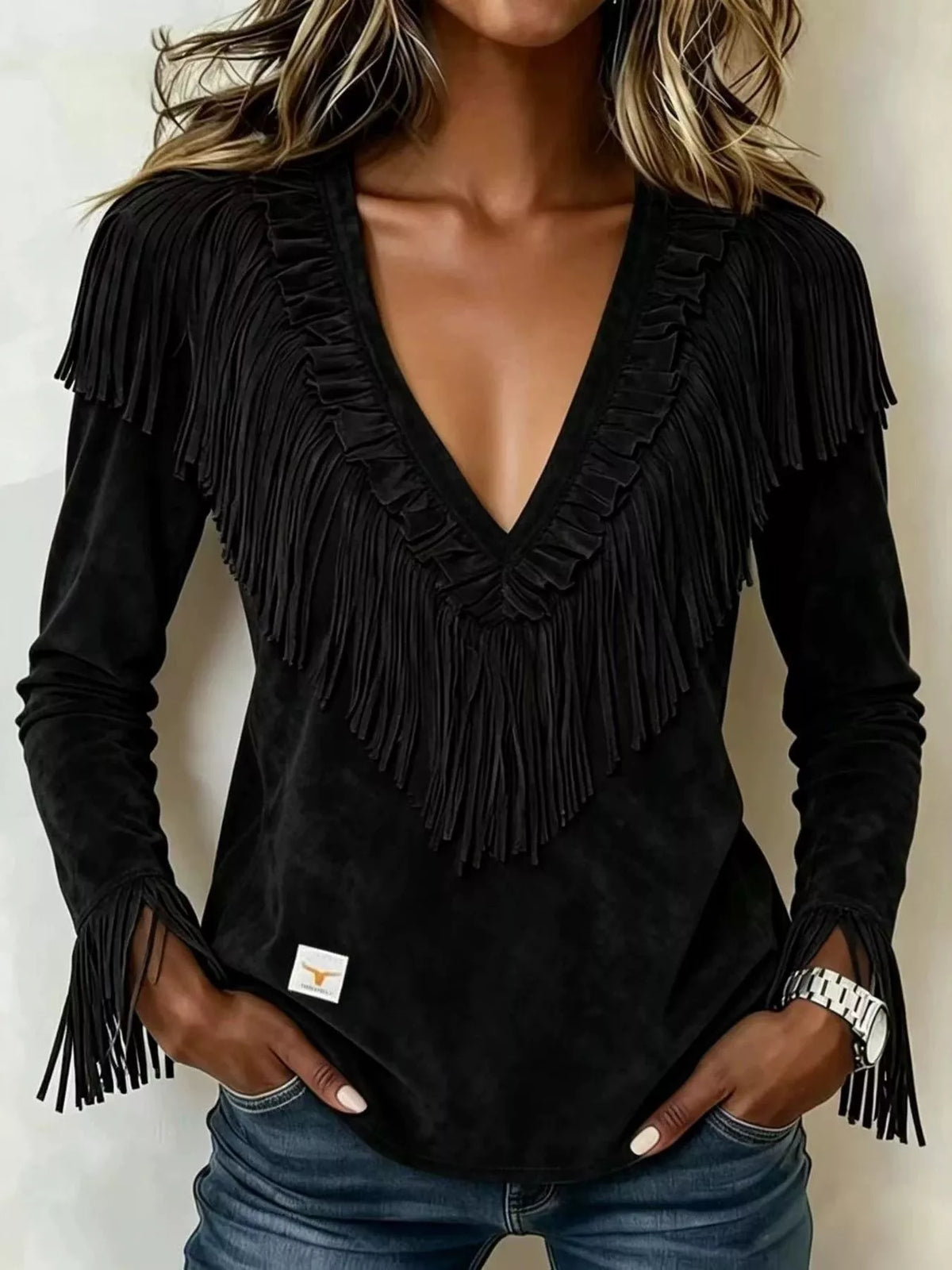 Fringed V-Neck Blouse in black, front view