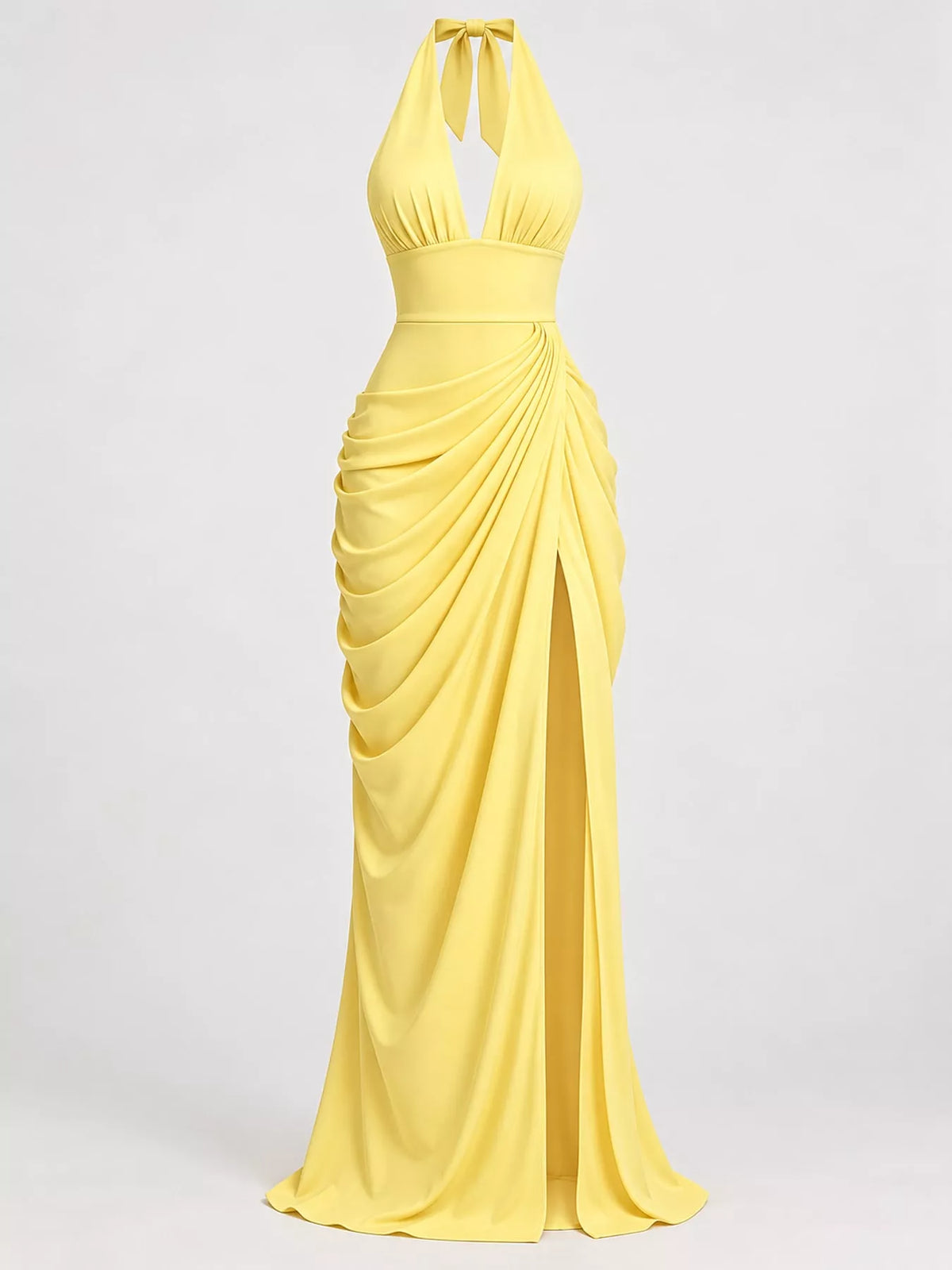 Yellow halter neck high-slit maxi evening dress — front view