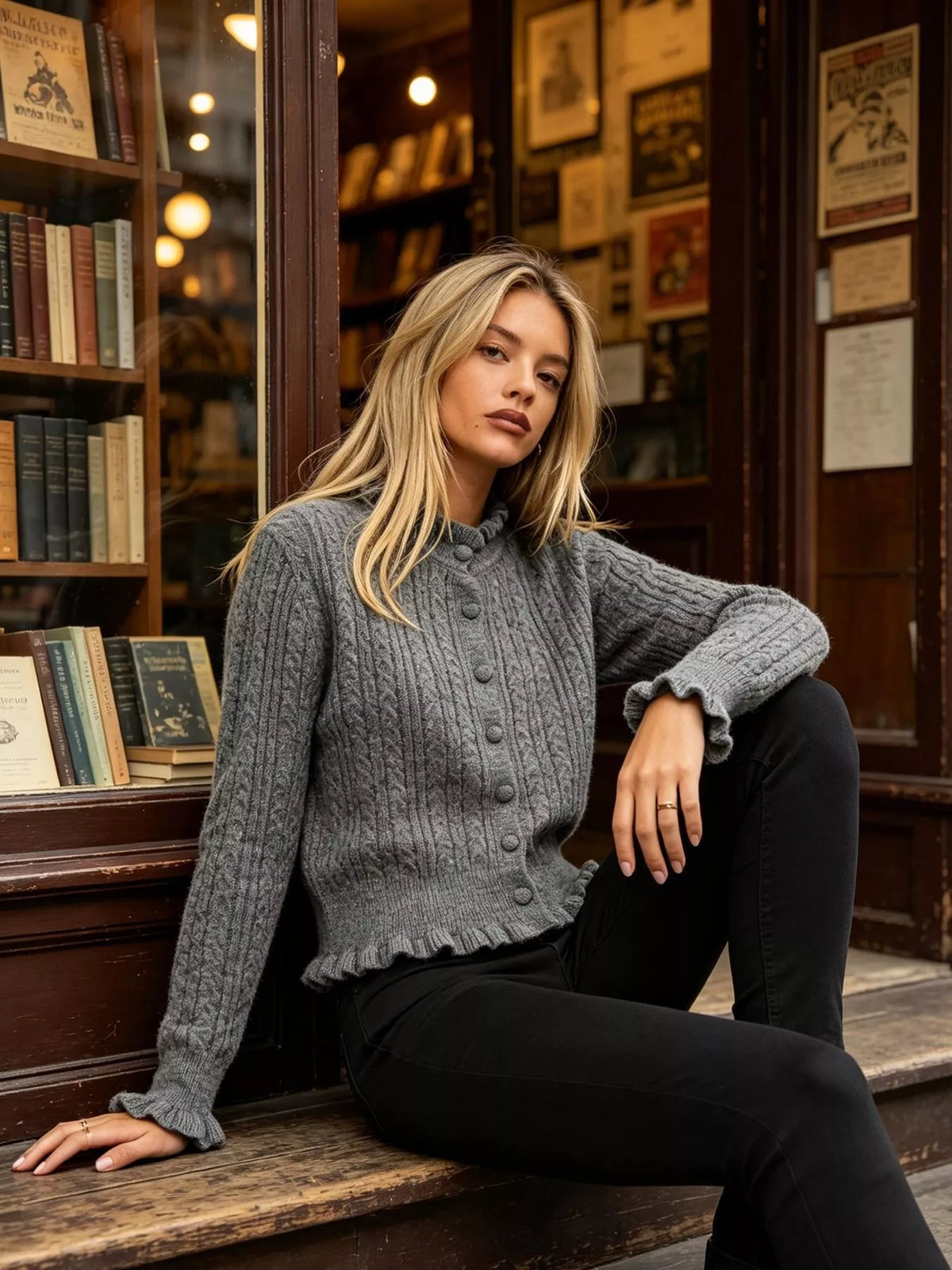 Gray cable-knit ruffle-trim cardigan, seated front view.