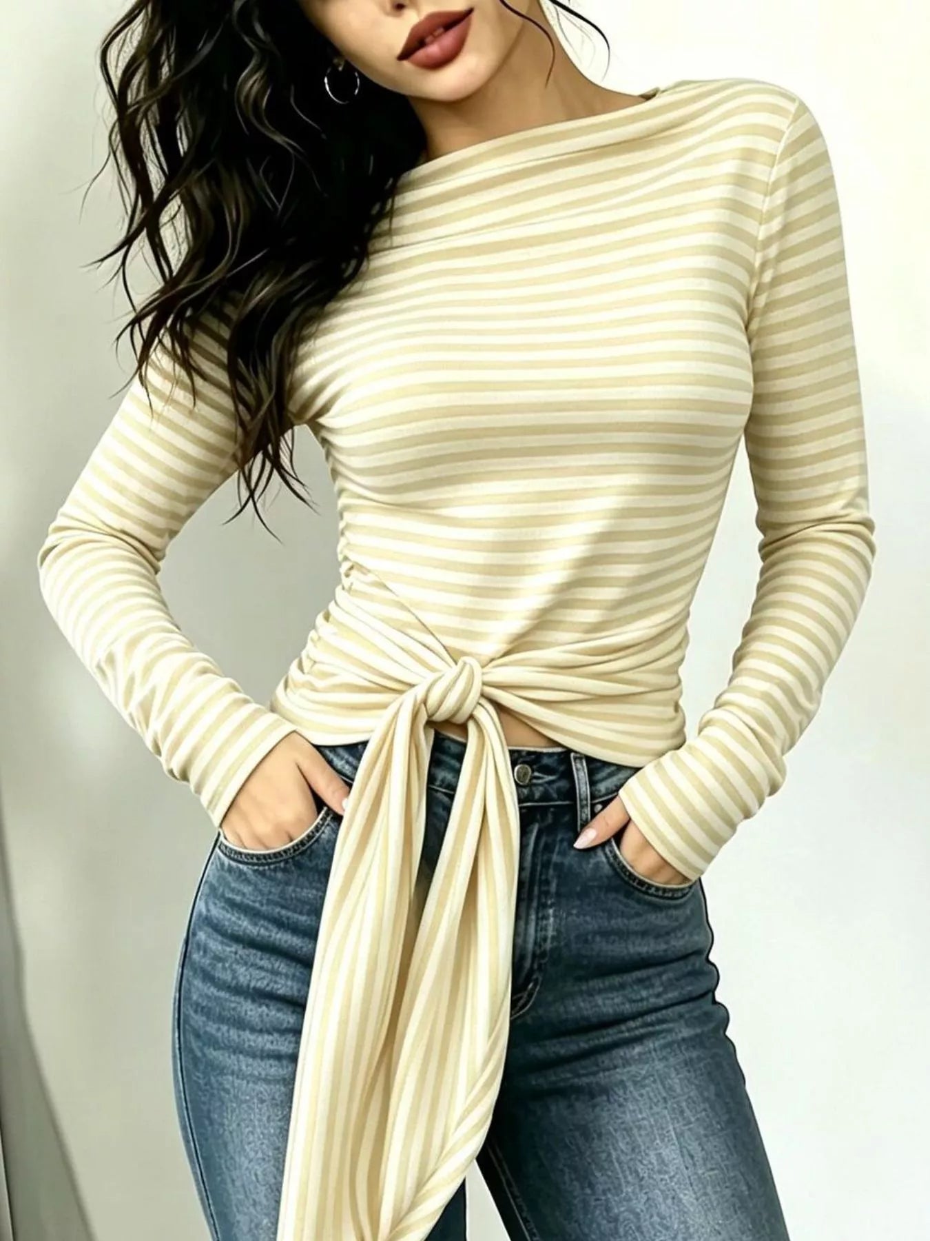 Long sleeve striped T-shirt with front tie