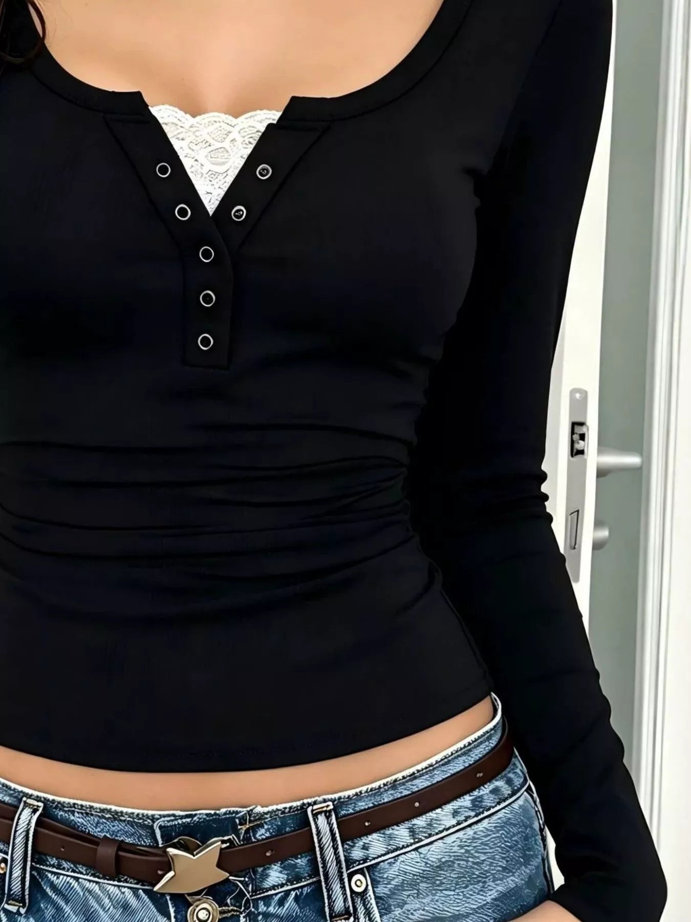 Trendsi Lace Trim Slim Fit Long Sleeve T-Shirt -