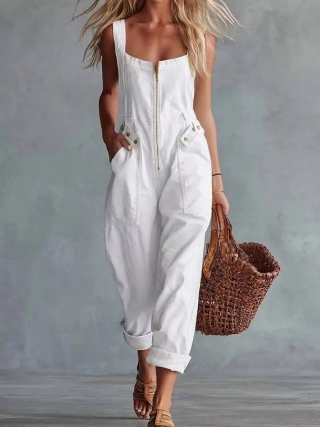 Trendsi Casual Sleeveless Zip Front Jumpsuit with Pockets -