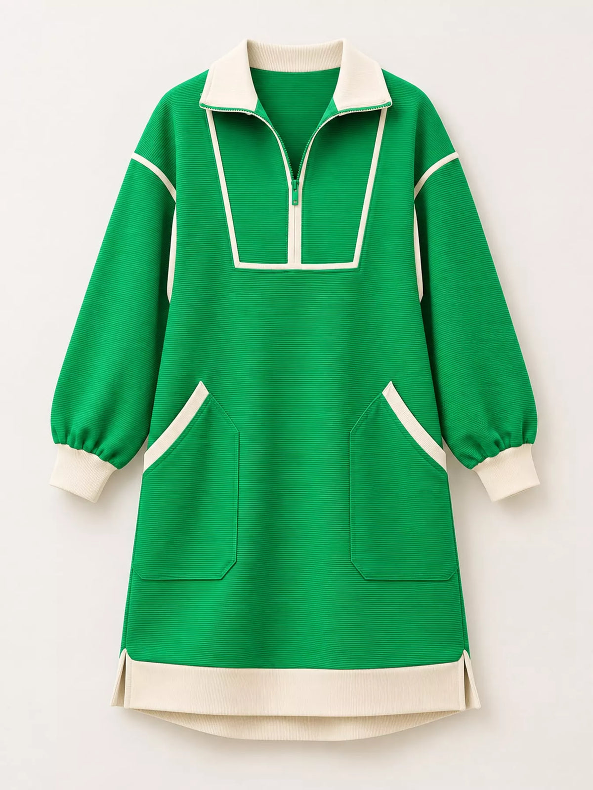 Green color block quarter-zip sweatshirt dress — front view