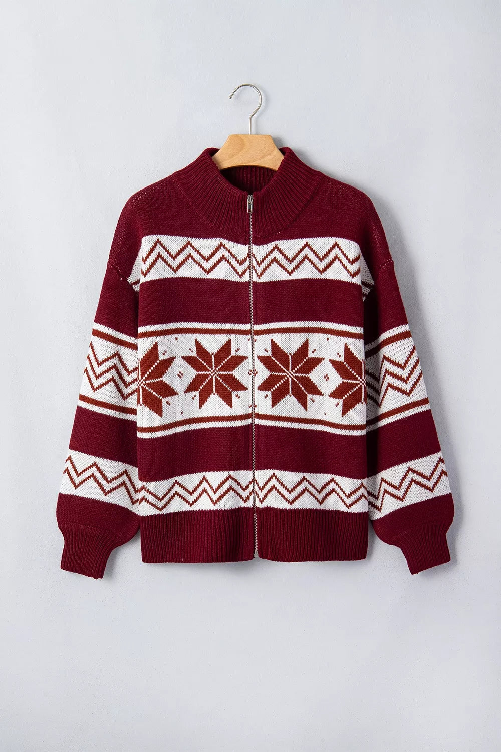 Geometric zip-up knit long sleeve cardigan