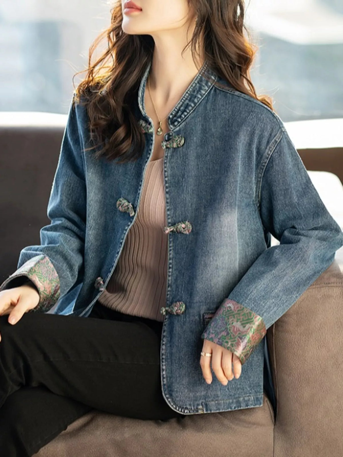 Blue knot button floral cuff denim jacket